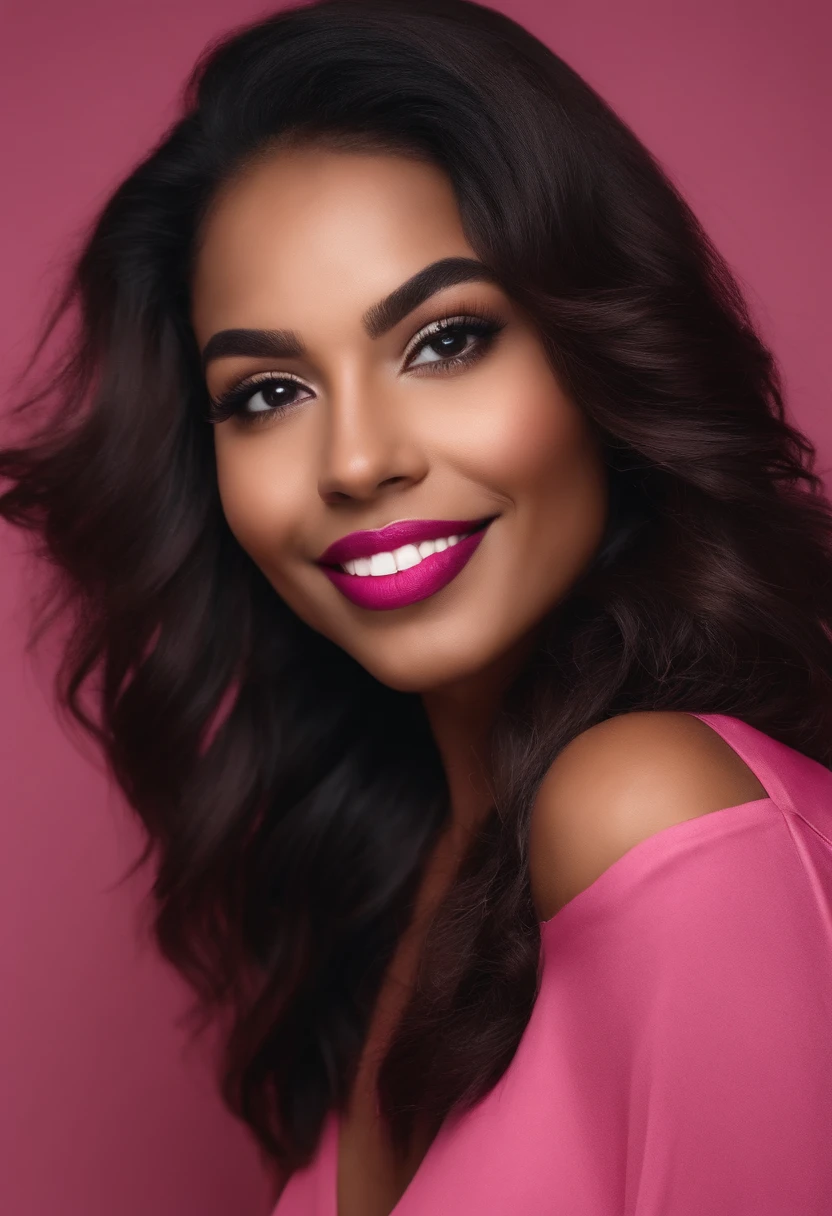 retrato, selfie angle, Face of beautiful girl, pele branca, cabelo liso preto, smile expression, delineado, batom vermelho. With lips pink
