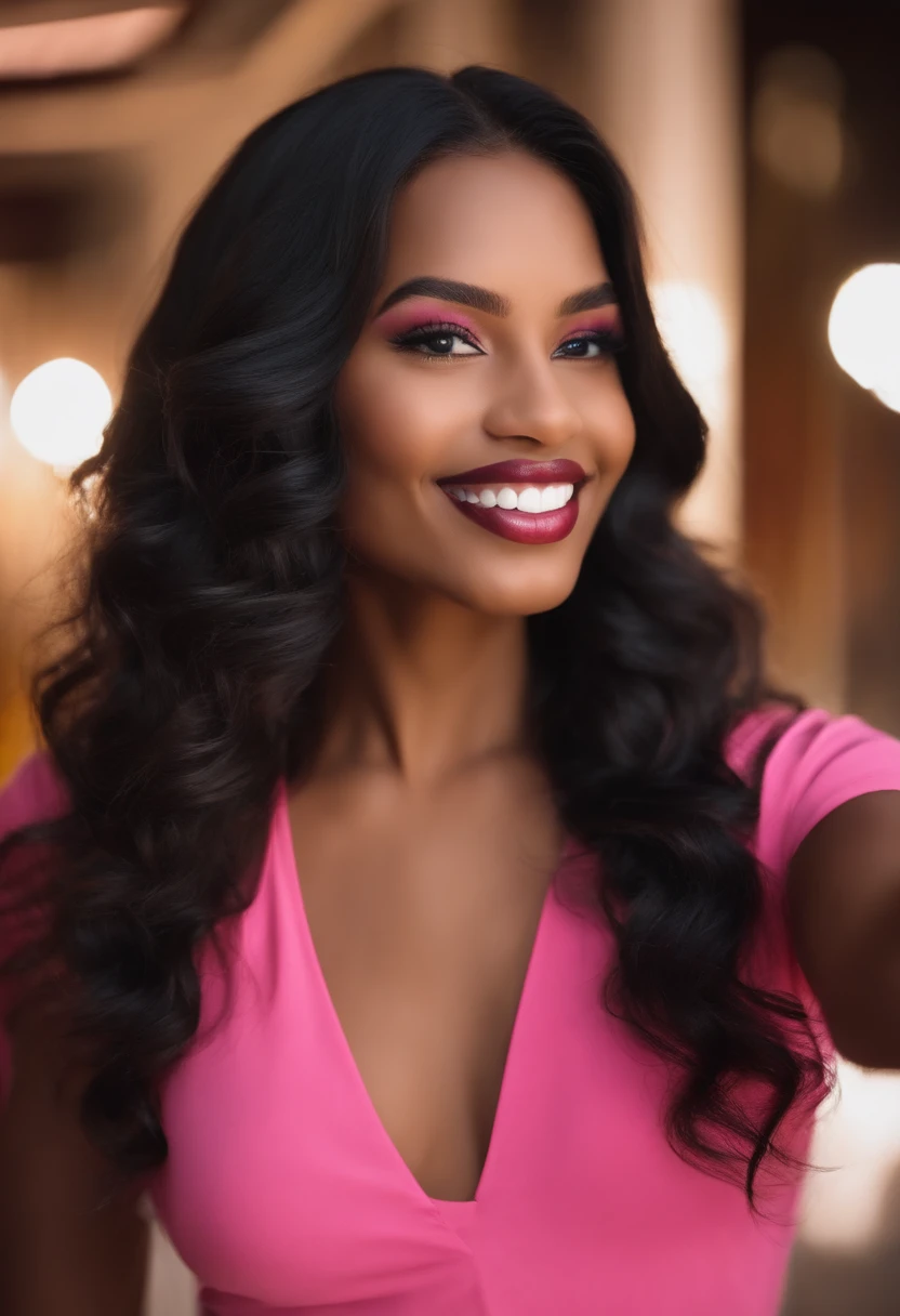retrato, selfie angle, Face of beautiful girl, pele branca, cabelo liso preto, smile expression, delineado, batom vermelho. With lips pink