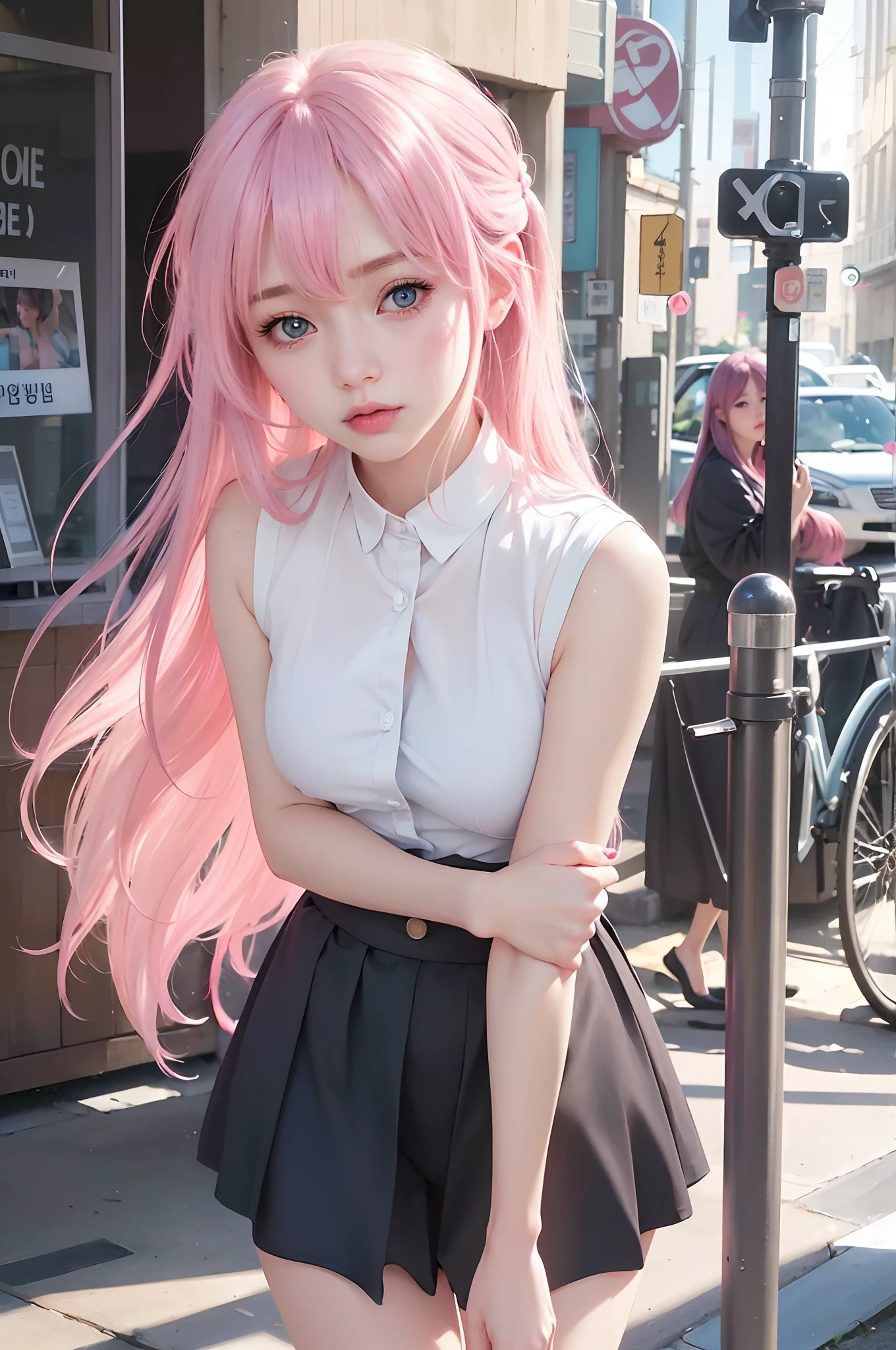 best quality, ultra high res, (photorealistic:1.4), 8k resolution, girl, (pink hair:1.3) , realistic blue eyes, (realistic hair:1.2), (Korean girl:1.2), (realistic eyes:1.2), (beauty face:1.3), perfect body, white pale skin, small breast, cleavage, , (eyes looked up:1.3), petite , Sports bikini, flat chest