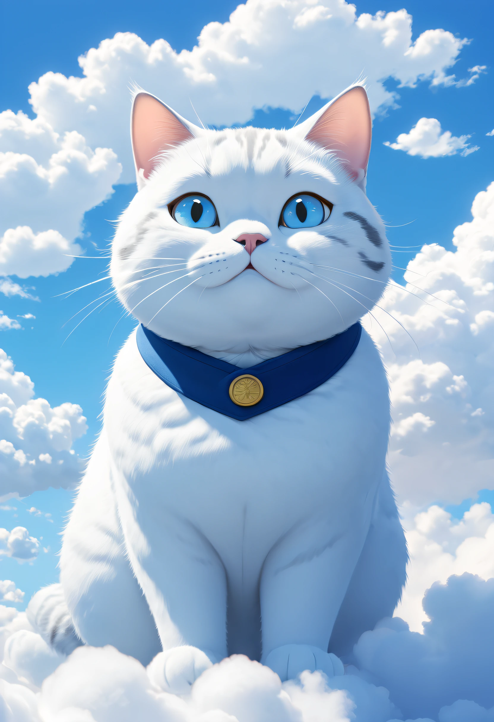 （Uniform hue：1.3），A fat cat on the clouds，blue-sky，baiyun，Medium close-up， high detal，quality，best qualtiy，8K，（white colors），（blue colors），Cartoony，Flat illustration，Animated film，Miyazaki style，