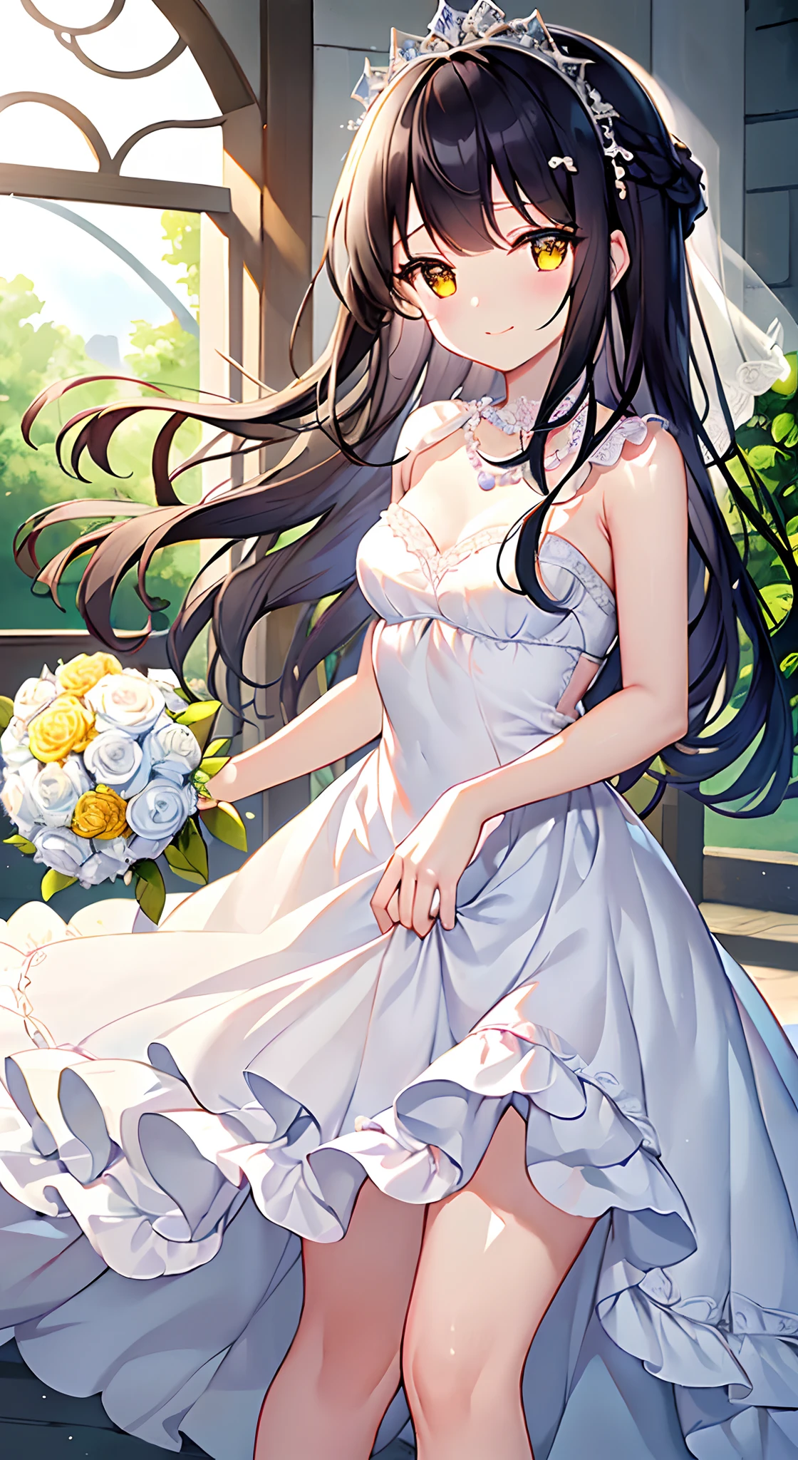 (top-quality)、(​masterpiece)、(ultra-detailliert)、Beautiful girl alone、15yo student、cute little、(A dark-haired:1.6)、(Longhaire:1.4)、((Hair curtains))、(A smile)、Mouth open、(yellow  eyes)、Clearing the eyes、drooing eyes、Yellow hair tie、Teary-eyed、medium breasts、Slender feet、(natural soft light)、(Standing:1.2)、petals dancing in the wind、Indoor、chapel、Wedding、Daytime、holding a bouquet of flowers in front of the chest,、Gorgeous Princess Line Wedding Dresses、see-through frill、Strapless、elbow groves、(Bridal Hair Accessories)、white stockings、Red low heels、Cowboy Shot、(Pearl Necklace:1.2)、veils、drape