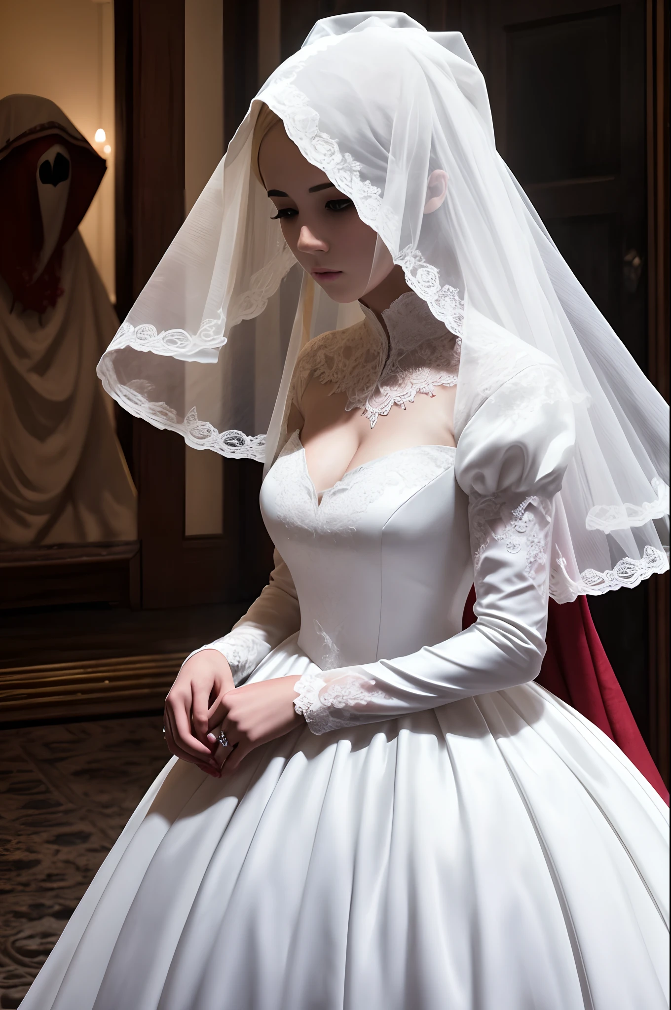 The female ghost has no face，But in a wedding dress，Filled with terror，blood vess，