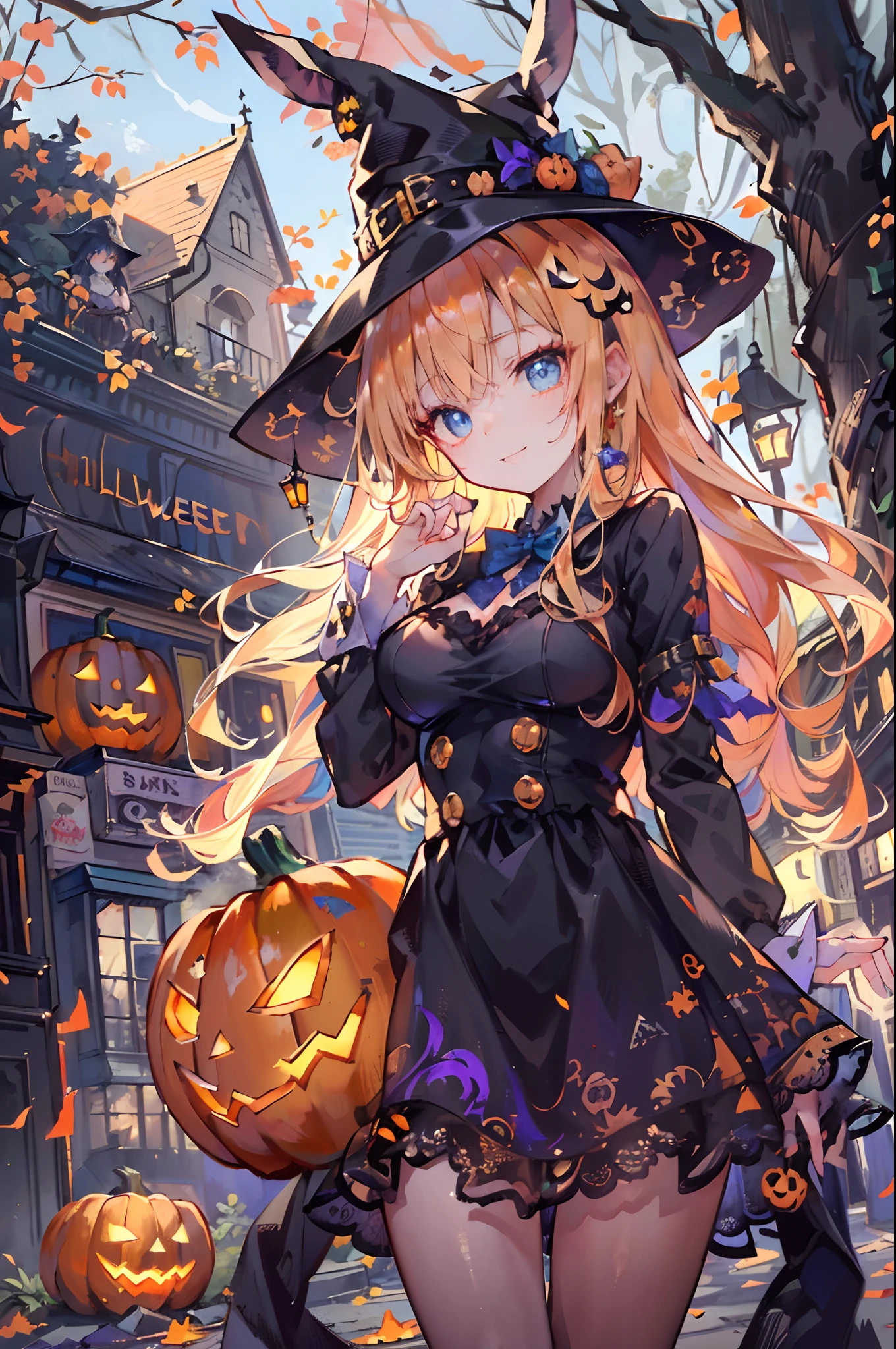 (Official art、Best Quality、Unity 8k Wallpapers、32K、​masterpiece、ultra-detailliert、超A high resolution、realisitic、Photorealsitic:1.2)、(Cinematic lighting:1.2)、Fireglow effect、film grains、Best Shadows、(Ultra-detailed and complex 3D rendering)、Detailed beautiful face and eyes、Realistic pupils、Sharp pupils、A slender、Medium bust、(Full body:1.2)、side lights、 Highly detailed background、(super detailed skin、detailed skin textures:1.3)、(Close-up of a group of carved pumpkins in the park, jack-o-lanterns, Pumpkin glowing under the tree, Halloween atmosphere, Halloween Scene, jack - o'- lantern, pumpkins, Evil spirits walk around with lanterns, halloween celebration, Halloween, Spooky and scary atmosphere, halloween theme, Halloween Decorations, halloween night, shutterstock, trick or treat, edited、Very colorful、Vivid Color)、shinny skin、 20-year-old beauty、Beautiful wavy platinum blonde hair、 Blue eyes、beauitful face、Playboy Bunny Girl、High-cut leotards、a bow tie、Cuffs、Wearing fishnet stockings、Black rabbit ears、Ghost pumpkin hair ornament、with a rabbit tail on the buttocks,,,,,,,,,,,,,,,,,,,、Holding a haunted pumpkin in both hands、Bring your arms forward、(Happy expression on face、Self-satisfied smile:1.2)、dynamicposes