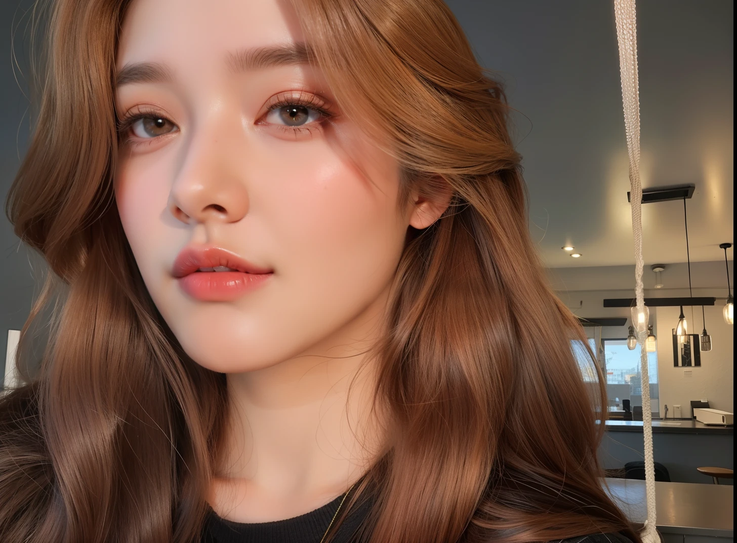 8k, melhor qualidade, Fotos realistas, Realistic details, rosto claro, delicate facial features, brilho real da pele, uma menina bonito, Shy, Facing the camera, Girl sitting at a bar in a gray fishnet sweater and tight jeans, limpar fundo da barra, vista para o mar, arms on the bar counter, quadris, corpo magro, seios grandes, 24 anos, encantador, olhos sedutores