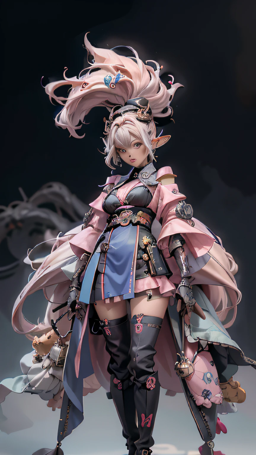 1人, character design(reference sheet:1.5), Anime woman character, full bodyesbian, standing, ((Design sketches)), (tmasterpiece), (Original design), The image of a beautiful elf woman,Short pink hair, Wearing antique black Japanese kimono technique, 耳Nipple Ring, Each hand has black gloves, Black stockings and black boots, Dynamic station stereoscopic, warriors, Long clothes, Blue eyes with pink, Korean