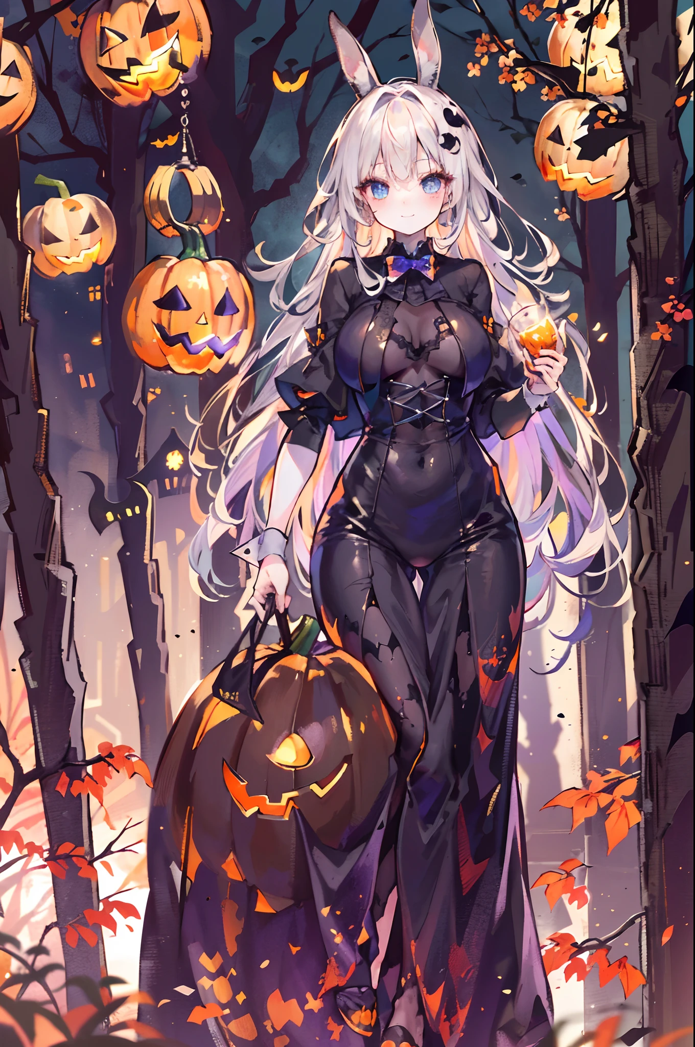 (Official art、Best Quality、Unity 8k Wallpapers、32K、​masterpiece、ultra-detailliert、超A high resolution、realisitic、Photorealsitic:1.2)、(Cinematic lighting:1.2)、Fireglow effect、film grains、Best Shadows、(Ultra-detailed and complex 3D rendering)、Detailed beautiful face and eyes、Realistic pupils、Sharp pupils、A slender、Medium bust、(Full body:1.2)、side lights、 Highly detailed background、(super detailed skin、detailed skin textures:1.3)、(Close-up of a group of carved pumpkins in the park, jack-o-lanterns, Pumpkin glowing under the tree, Halloween atmosphere, Halloween Scene, jack - o'- lantern, pumpkins, Evil spirits walk around with lanterns, halloween celebration, Halloween, Spooky and scary atmosphere, halloween theme, Halloween Decorations, halloween night, shutterstock, trick or treat, edited、Very colorful、Vivid Color)、shinny skin、 20-year-old beauty、Beautiful wavy platinum blonde hair、 Blue eyes、beauitful face、Playboy Bunny Girl、High-cut leotards、a bow tie、Cuffs、Wearing fishnet stockings、Black rabbit ears、Ghost pumpkin hair ornament、with a rabbit tail on the buttocks,,,,,,,,,,,,,,,,,,,、Holding a haunted pumpkin in both hands、Bring your arms forward、(Happy expression on face、Self-satisfied smile:1.2)、dynamicposes