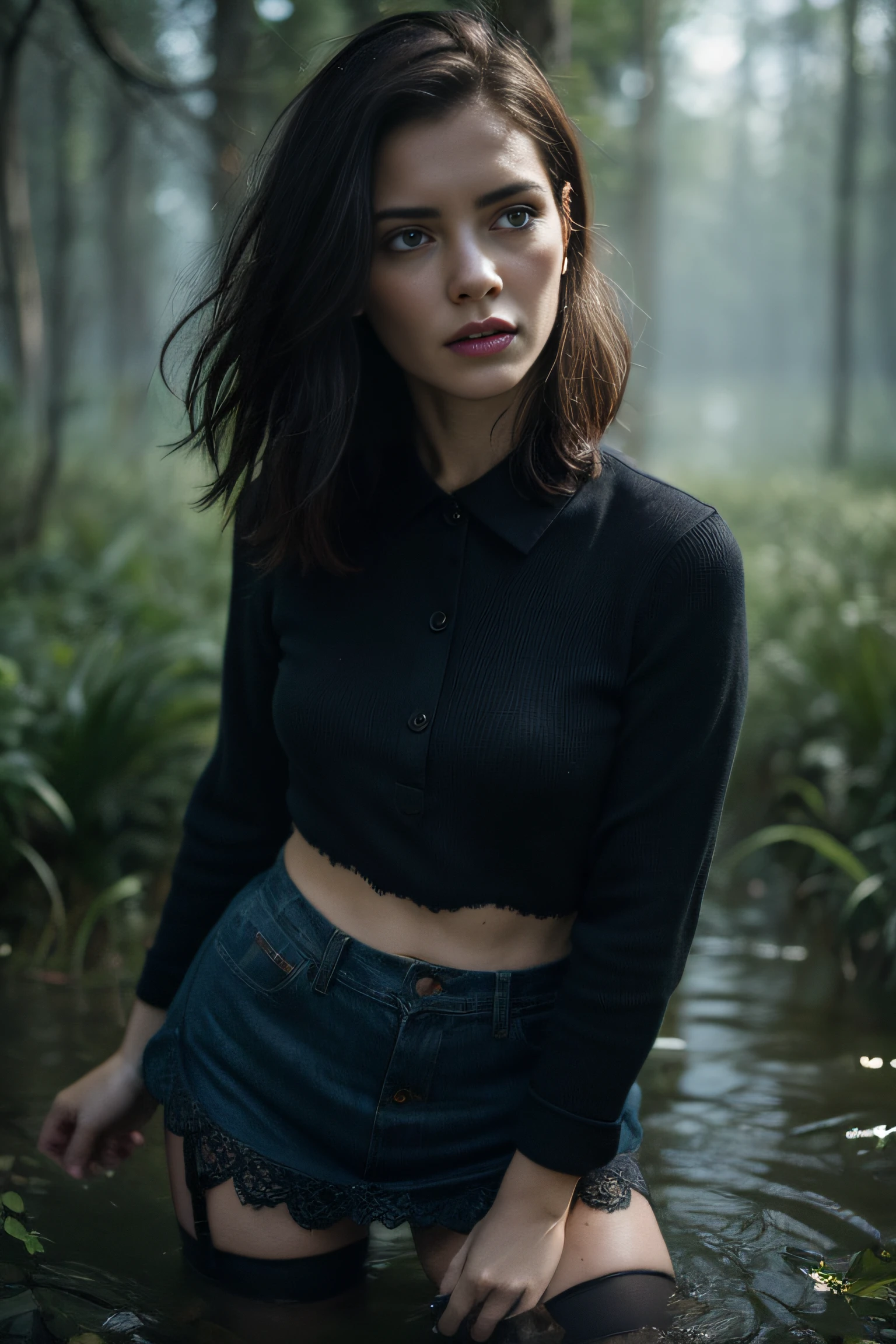 "(Best Quality,hight resolution:1.2),The woman,Expressive wrinkles,Bob haircut,jeans skirt,blouse,dark lace stockings with garters, ( drowning in a swamp:1.2),Detailed eyes and face,expression of despair,Dark and moody lighting,ominous vibe,desperation,trap, Imminent Doom"Sharing