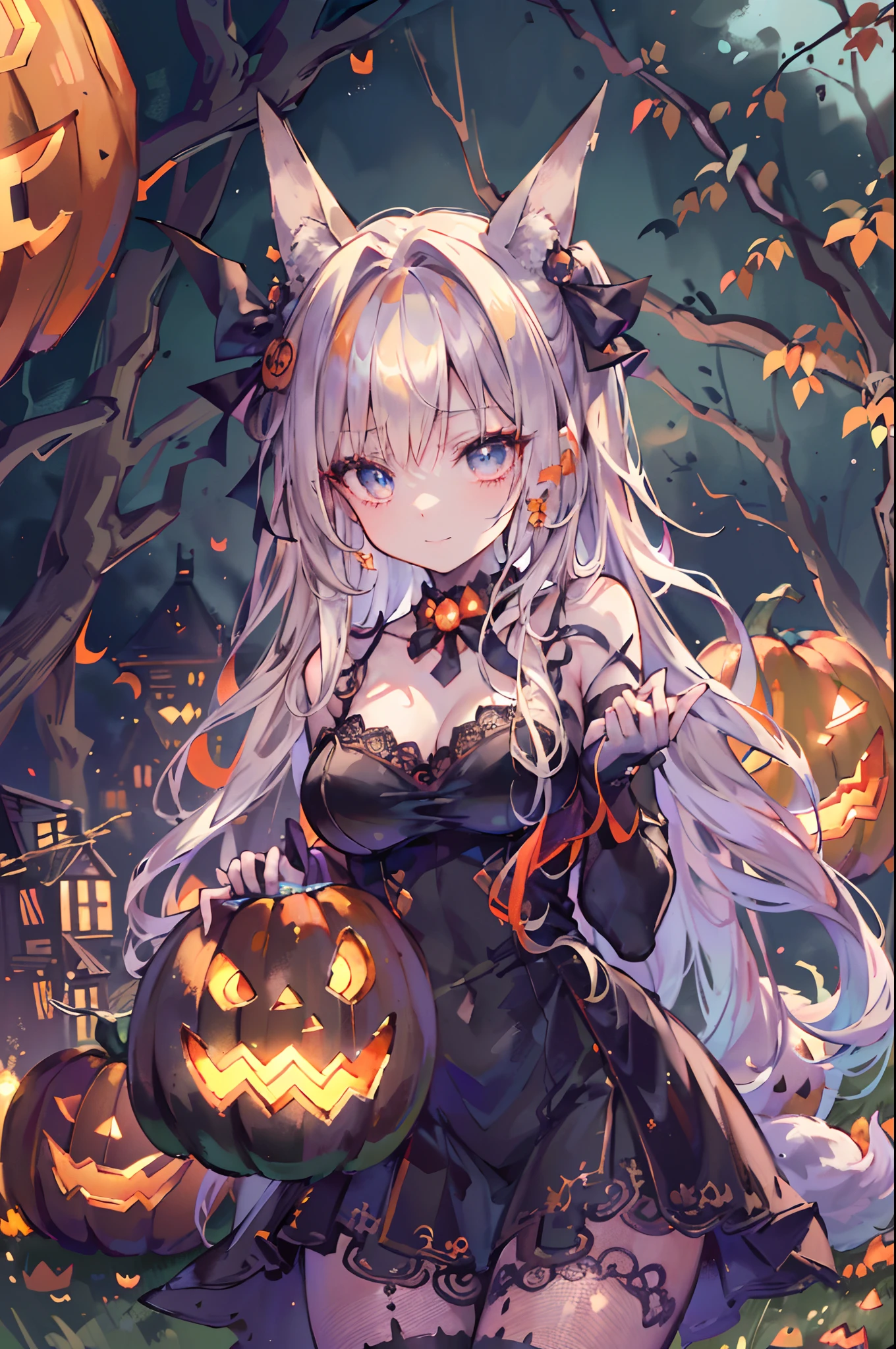 (Official art、Best Quality、Unity 8k Wallpapers、32K、masterpiece、ultra-detailliert、超A high resolution、realisitic、Photorealsitic:1.2)、(Cinematic lighting:1.2)、Fireglow effect、film grains、Best Shadows、(Ultra-detailed and complex 3D rendering)、Detailed beautiful face and eyes、Realistic pupils、Sharp pupils、A slender、Medium bust、(Full body:1.2)、side lights、 Highly detailed background、(super detailed skin、detailed skin textures:1.3)、(Close-up of a group of carved pumpkins in the park, jack-o-lanterns, Pumpkin glowing under the tree, Halloween atmosphere, Halloween Scene, jack - o'- lantern, pumpkins, Evil spirits walk around with lanterns, halloween celebration, Halloween, Spooky and scary atmosphere, halloween theme, Halloween Decorations, halloween night, shutterstock, trick or treat, edited、Very colorful、Vivid Color)、shinny skin、 20-year-old beauty、Beautiful wavy platinum blonde hair、 Blue eyes、beauitful face、Playboy Bunny Girl、High-cut leotards、a bow tie、Cuffs、Wearing fishnet stockings、Black rabbit ears、Ghost pumpkin hair ornament、with a rabbit tail on the buttocks,,,,,,,,,,,,,,,,,,,、Holding a haunted pumpkin in both hands、Bring your arms forward、(Happy expression on face、Self-satisfied smile:1.2)、dynamicposes