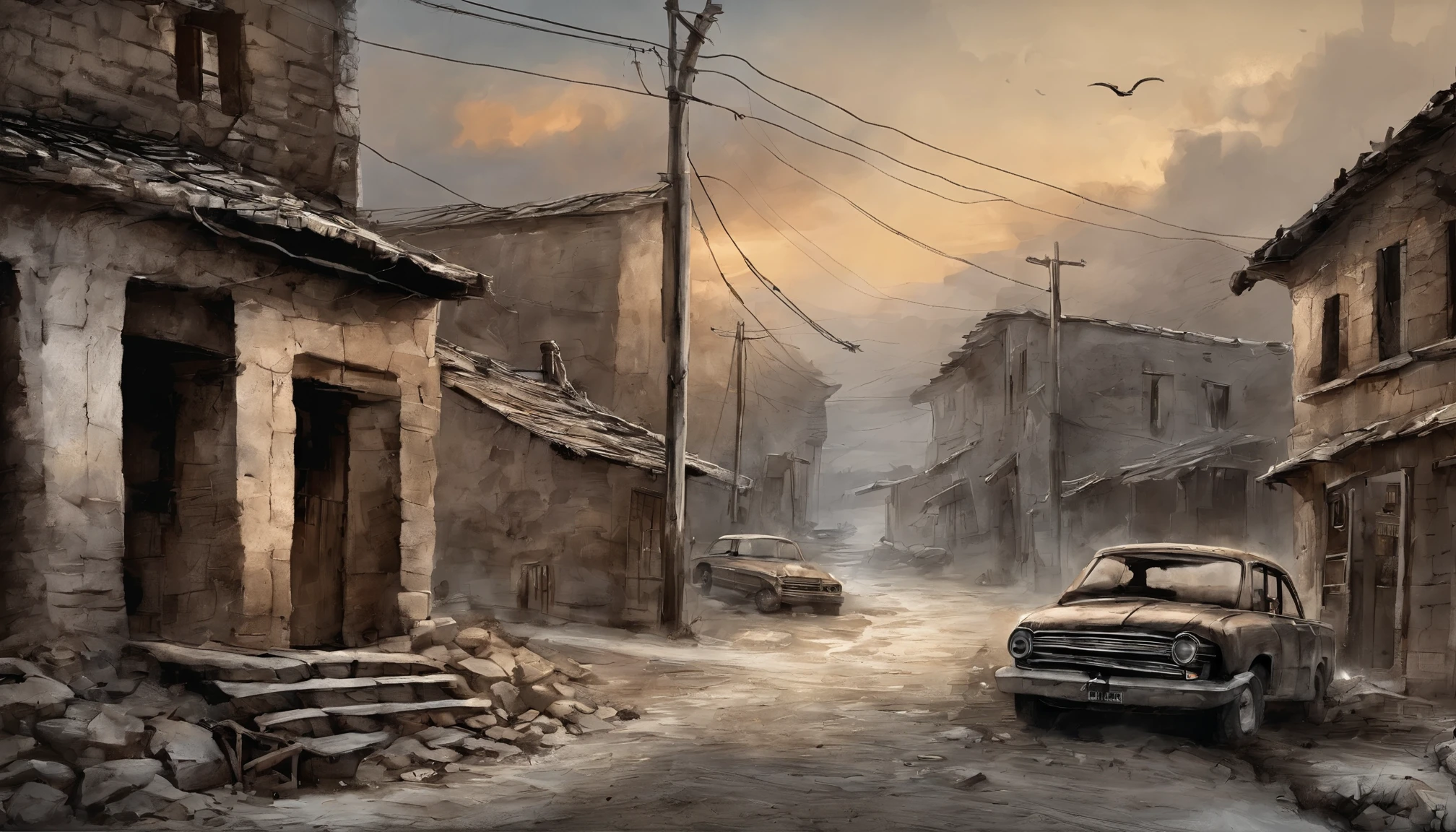 ink wash style,,telephone poles,Cracked buildings,battlefiled,Fire on the ground,burning building,the fire,winter day、Rochas、War,karo,cannon fire,(Broken car,Broken pavement),(illustratio:1.0)、Epic composition、Realistic lighting、high definition detail、tmasterpiece、Best quality,(非常详细的 CG 统一 8k 壁纸)