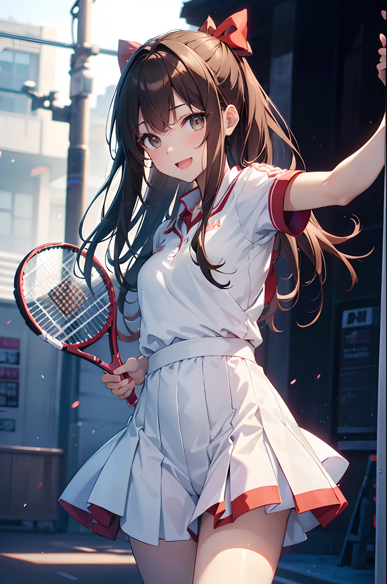 Official art, Unity 8k Wallpapers, ultra-detailliert, masterpiece, top-quality, 1人の女性, (ighly detailed),(Raw photography、top-quality)、(realisitic、Photorealsitic:1.3)、high-detail、Ultra-detailed complex 3D rendering of faces、(highlydetailed skin:1.2)、dynamic ungle, Fireglow effect, profetional lighting, side lights, ciinematic light, 超A high resolution, 8K , film grains,Best Shadows, Particles of light, detailed skin textures, A detailed face, intricate-detail, ultra-detailliert, with light glowing, Looking back、Full body, tennis coat、beauitful face、blurry backround、18 year old beautiful girl、shinny skin、Twin-tailed、beautiful brown hair、Gray eyes、Tie your hair with a big red ribbon、(Tennis Uniforms、Holding a racket、dynamicposes:1.3)、raise arms、Smile with open mouth、Curve、Dynamic Poses、white panties、