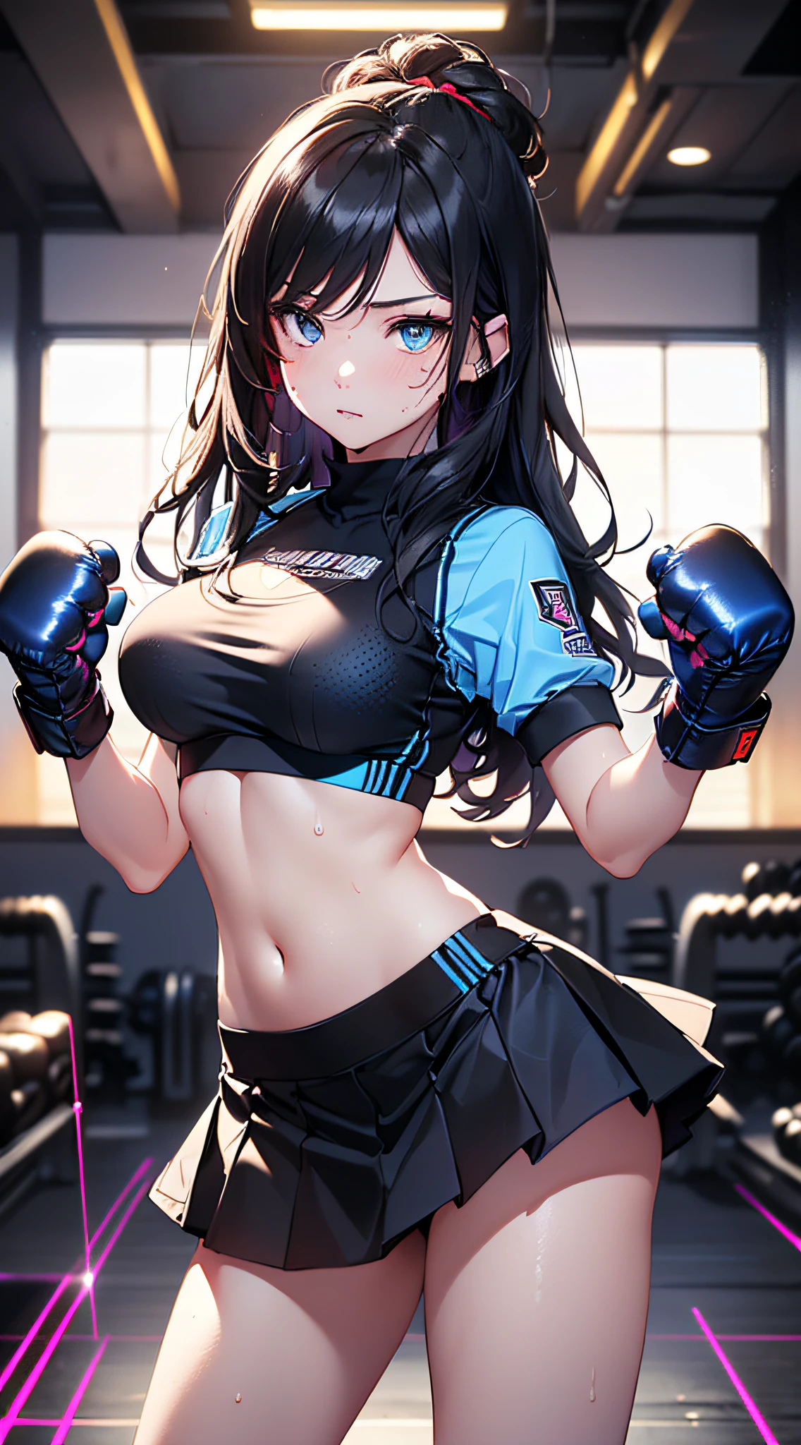 top-quality、Top image quality、masterpiece、girl with((cute little、18year old、Best Bust、Medium bust、Bust 85,Beautiful blue eyes、Breasts wide open,Long Black Hair、A slender、Middle knot、Black Sports Bra、White short skirt,Reflecting the whole body、Black perforated gloves、fighting poses、Sweating、Straight punch))hiquality、Beautiful Art、Background with((clubhouse、Blue lighting、Purple Laser、Red laser,Yellow laser,fitness club、natta、virtual)),masutepiece、Elaborate design、visualart、depth of fields、The best lighting、highestdetailed、8k