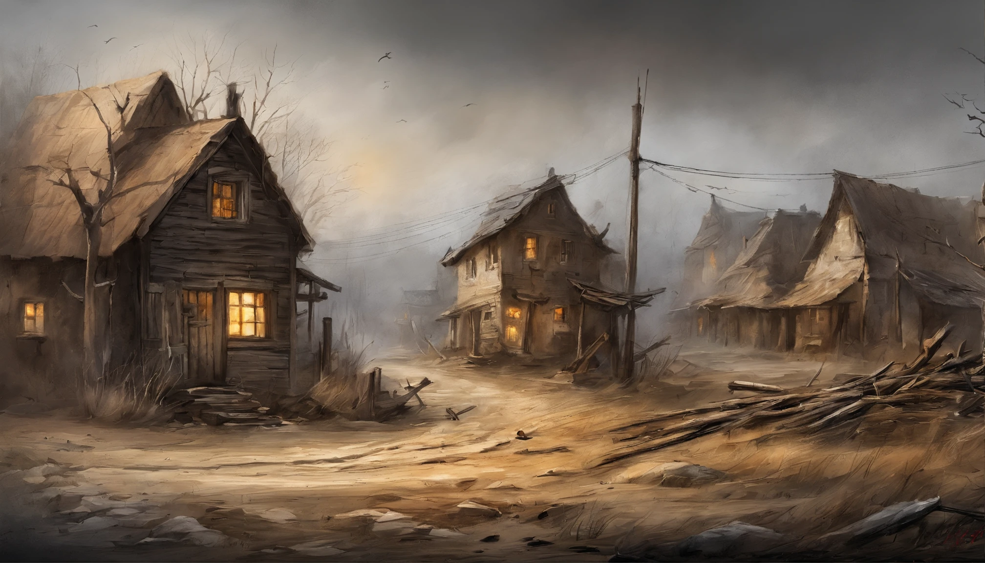 ink wash style,,telephone poles,Cracked buildings,battlefiled,Fire on the ground,burning building,the fire,winter day、Rochas、War,karo,cannon fire,(Broken car,Broken pavement),(illustratio:1.0)、Epic composition、Realistic lighting、high definition detail、tmasterpiece、Best quality,(非常详细的 CG 统一 8k 壁纸)