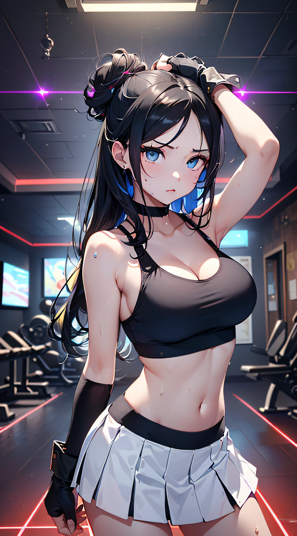 top-quality、Top image quality、​masterpiece、girl with((cute little、18year old、Best Bust、Medium bust、Bust 85,Beautiful blue eyes、Breasts wide open,Long Black Hair、A slender、Middle knot、Black Sports Bra、White short skirt,Reflecting the whole body、Black perforated gloves、fighting poses、Sweating、Straight punch)）hiquality、Beautiful Art、Background with((clubhouse、Blue lighting、Purple Laser、Red laser,Yellow laser,fitness club、natta、virtual)),masutepiece、Elaborate design、visualart、depth of fields、The best lighting、highestdetailed、8ｋ