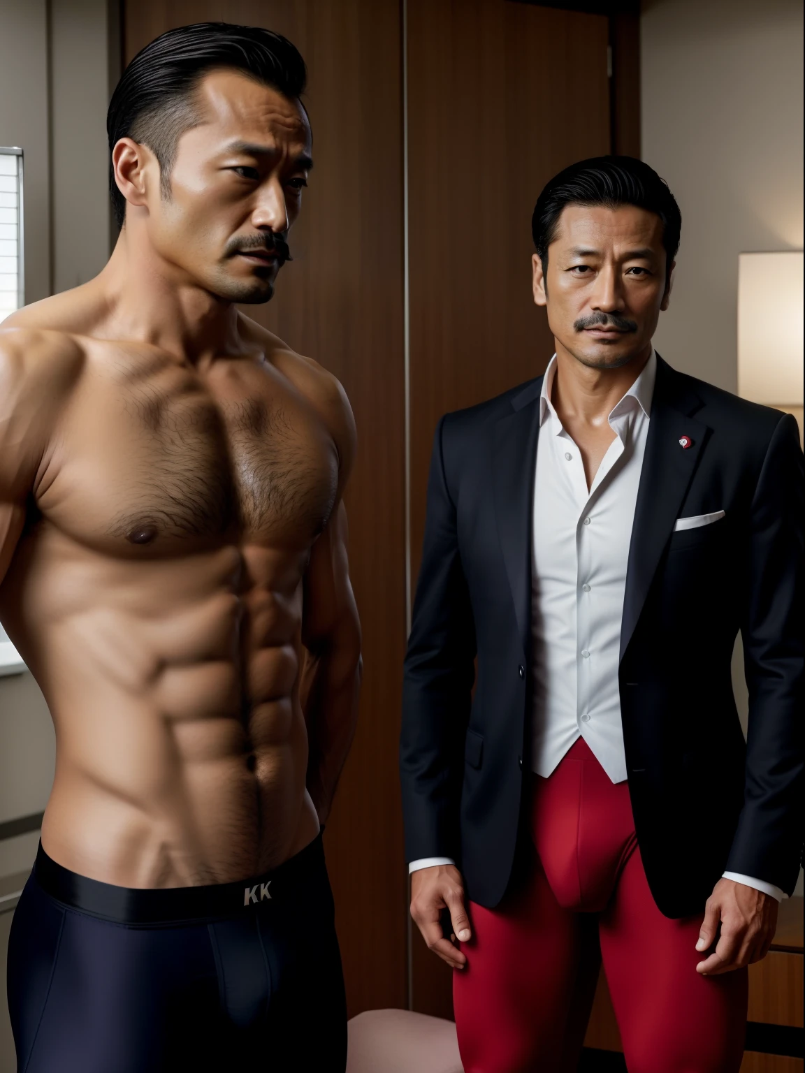 aged 40，Hidetoshi Nakata，（Kogoro Mouri 1.3），Crotch contour elevation，Thick body hair，office room，Two men in suits stood，Shirtless，Sexy red briefs，fortitude，k hd，with mustache，black long socks，Thick chest hair，