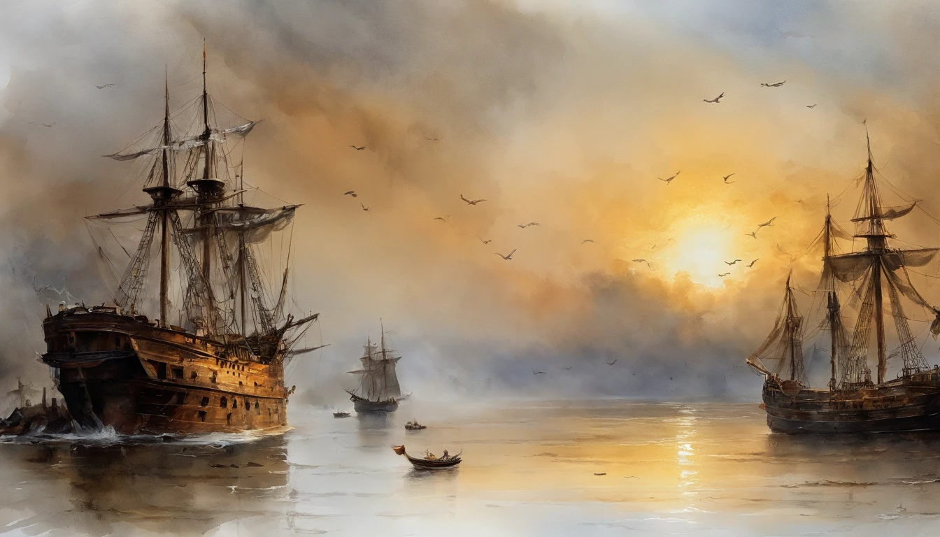 ink wash style,Burning sea,Burning ships,Smoke billowed out,Dimly lit sky,((the fire)),karo,cannon fire,(illustratio:1.0)、Epic composition、Realistic lighting、high definition detail、tmasterpiece、Best quality,(非常详细的 CG 统一 8k 壁纸)