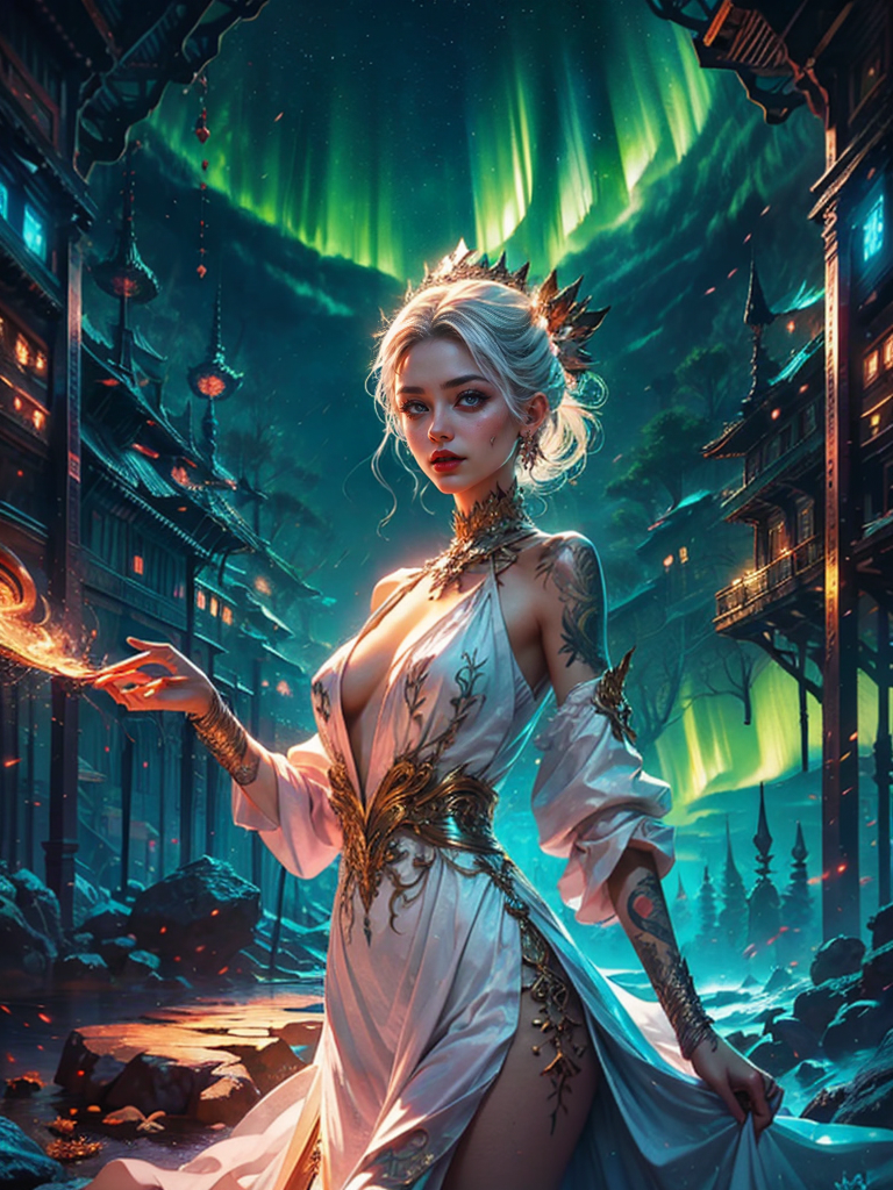 white forest in background, colorful design , Aurora, mythical, erotic pose, pore white hair, small tits, big eyes, body covered with tattoo, red lips, erotic, dark light,, white dress,glowing light