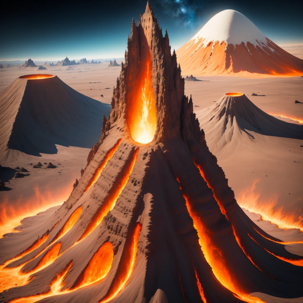 (((Giant volcanoes)))The astronaut,Alien base (Very detailed giant volcano) In the mountainous desert,There are several exhaust fans and chimneys, Some spotlights come out of the base to illuminate dark places, (Extreme nights), Some clouds in the night sky, Some of the surrounding planets provide air to unknown planets,The farthest giant volcano is erupting((Giant volcanoes))(((The volcano is broken))