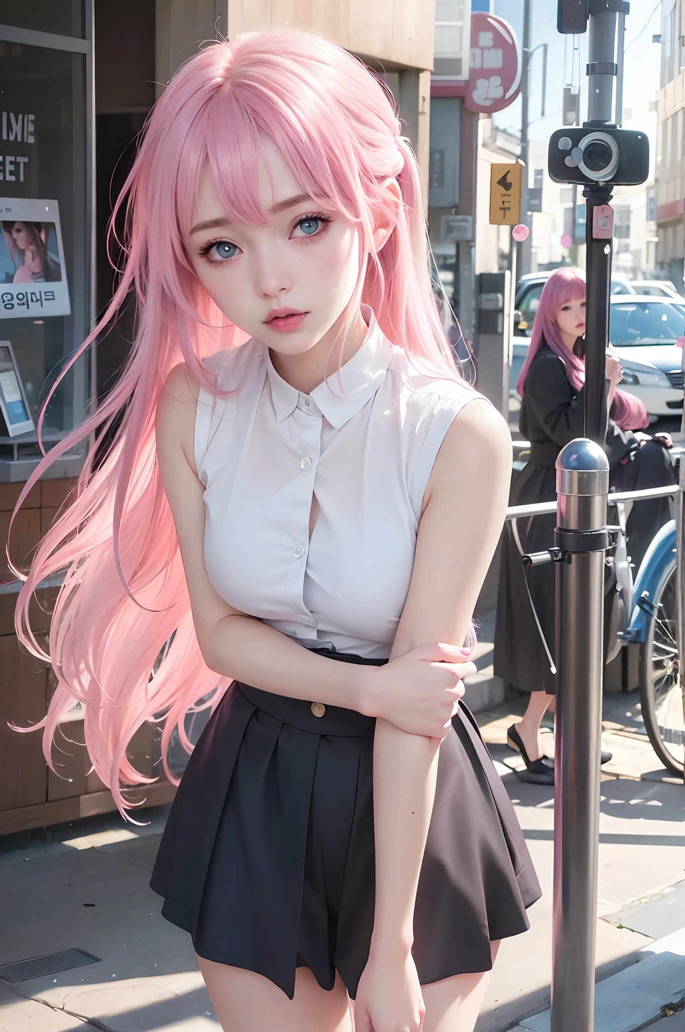 best quality, ultra high res, (photorealistic:1.4), 8k resolution, girl, (pink  hair:1.3) , realistic blue eyes, (realistic hair:1.2), (Korean girl:1.2), (realistic eyes:1.2), (beauty face:1.3), perfect body, white pale skin, small breast, cleavage, , (eyes looked up:1.3), petite , Sports bikini, flat chest