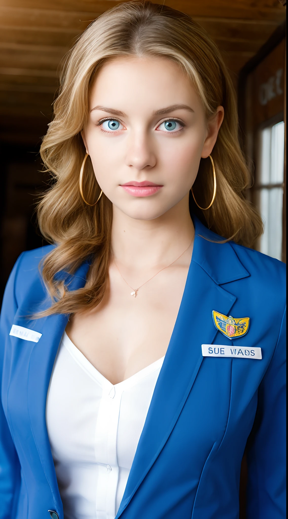 (()), beautiful girl, model body, big blue eyes, small breasts, long legs, medium hoop earrings, flight attendant uniform, shot from above, very white skin, long hair, wavy hair, blonde hair , Cabin in the woods, photorealistic, Indirect lighting, volumetric light, ray tracing, hyper-detailed, best quality, ultra-high resolution, HDR, 8k, heavy volumetric fog