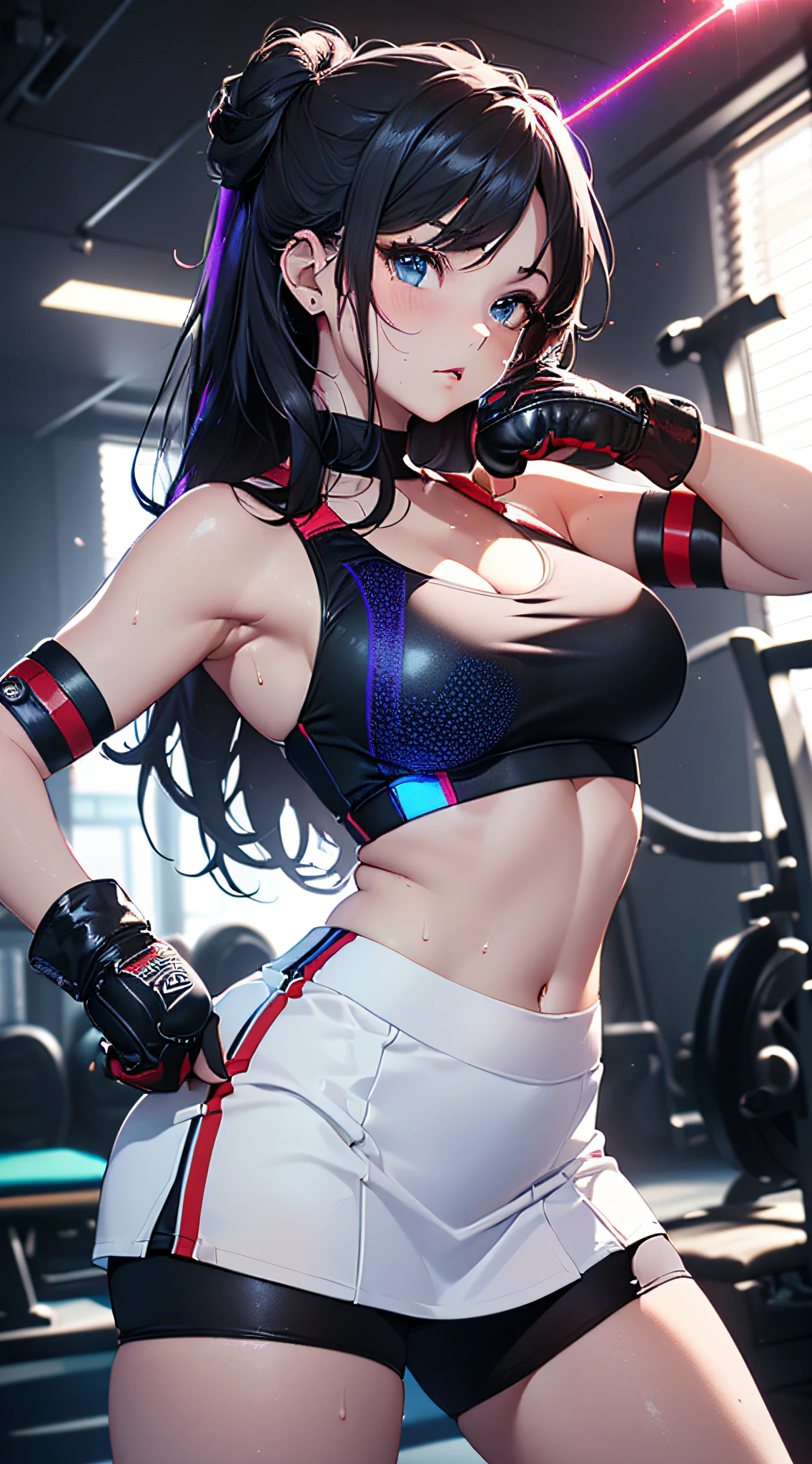 top-quality、Top image quality、masterpiece、girl with((cute little、18year old、Best Bust、Medium bust、Bust 85,Beautiful blue eyes、Breasts wide open,Long Black Hair、A slender、Middle knot、Black Sports Bra、White short skirt,Reflecting the whole body、Black perforated gloves、fighting poses、Sweating、Straight punch,Rear view、Emphasis on the buttocks))hiquality、Beautiful Art、Background with((clubhouse、Blue lighting、Purple Laser、Red laser,Yellow laser,fitness club、natta、virtual)),masutepiece、Elaborate design、visualart、depth of fields、The best lighting、highestdetailed、8k