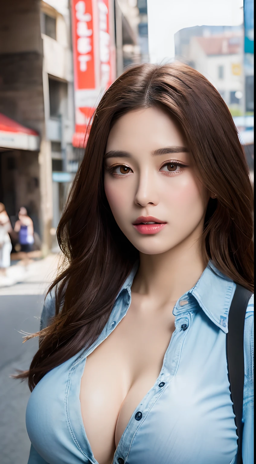 ((Best quality, 8k, Masterpiece :1.3)), Sharp focus :1.2, A pretty woman with perfect figure :1.4, Slender abs :1.2, ((Dark brown hair, gigantic breasts :1.4)), (wearing white button up shirt, Jean :1.1), City street:1.2, Highly detailed face and skin texture, Detailed eyes, Double eyelid