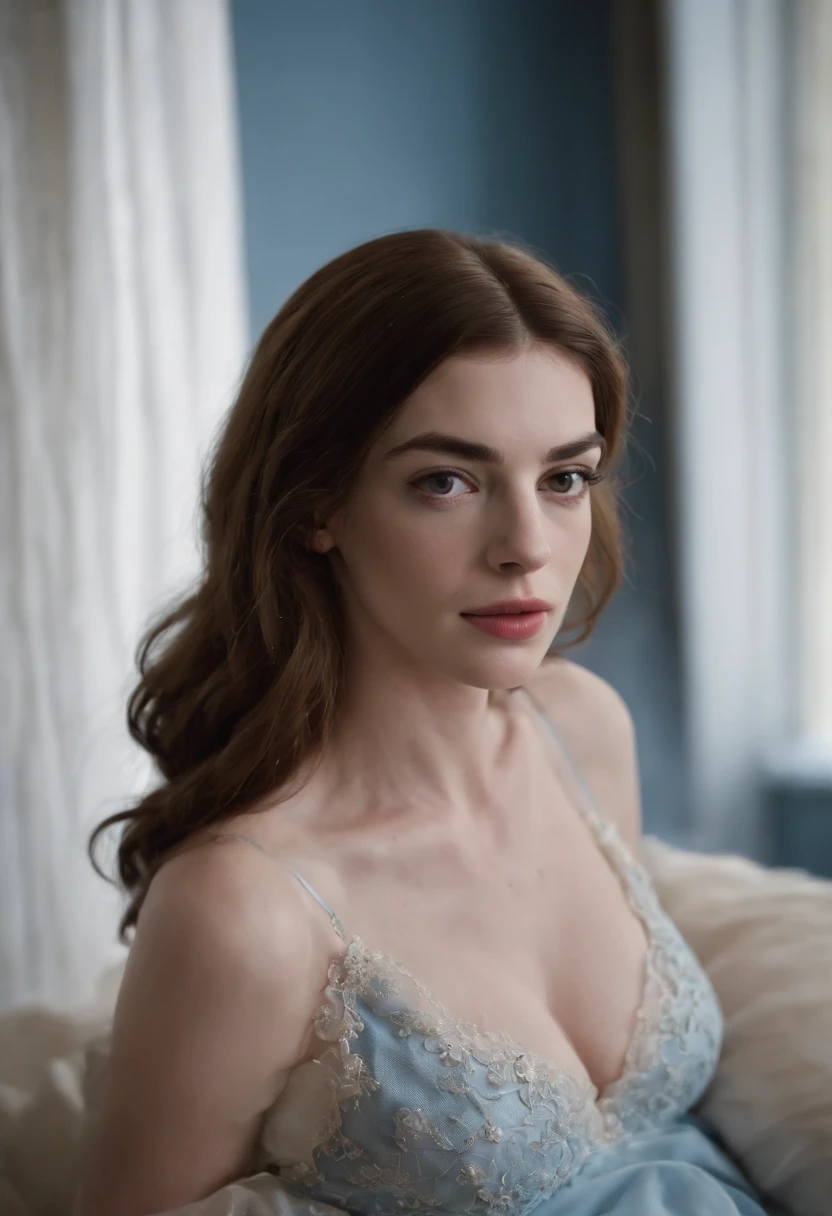 Greek goddess,Anne Hathaway,gros seins,golden hair,yeux de couleur bleue,Prengant,sitting on a bed,Chemise de nuit bleu clair