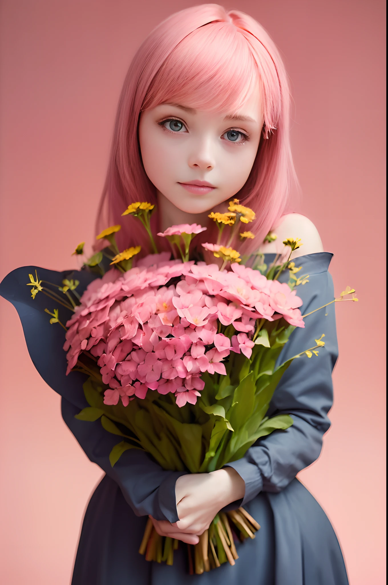 (((Pink background:1.3)))、((Bouquet of pink flowers、large bouquet of pink flowers,,,,、Have a large bouquet of pink flowers:1.5))、Best Quality, masutepiece, High resolution, (((1girl in))), ,(((Pink eyes:1.3)))、pink  dress、Pink hair、a short bob、((PINK SHIRT:1.3、Pink Block Dress)), Tindall Effect, Realistic, Shadow Studio,Ultramarine Lighting, dual-tone lighting, (High Detail Skins: 1.2)、Pale colored lighting、Dark lighting、 Digital SLR, Photo, High resolution, 4K, 8K, Background blur,Fade out beautifully、Pink World