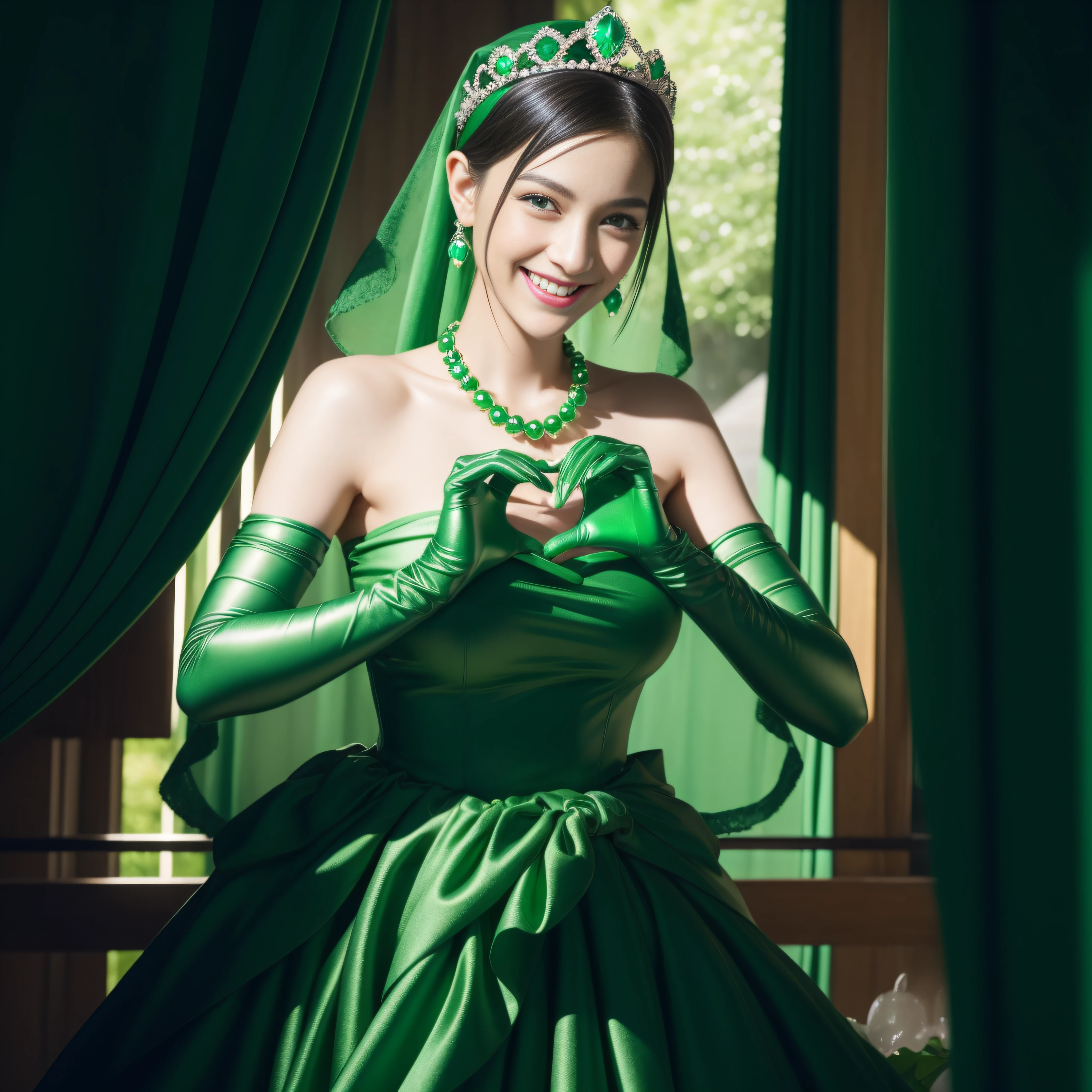 emerald tiara, Green Pearl Necklace, Boyish very short green hair, lipsticks, Japan woman smiling, very short short hair,  big breasts beautiful, Green eyes, Long green gloves made of satin material, Green eyes, Emerald Earrings, green vale, Heart with both hands