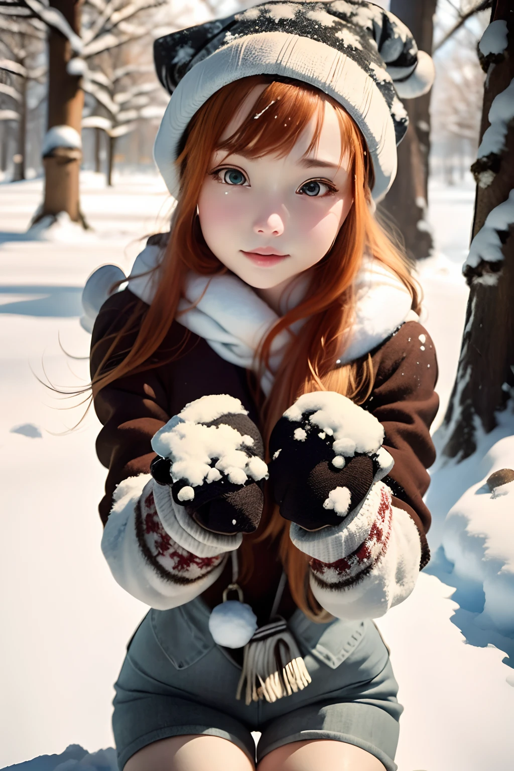 (((plein air,Snow and winter background:1.3, Playing in the snow:1.3))), (Raw photo:1.2), (Photorealistic:1.4), Beautiful detailed girl, Very detailed eyes and face, Beautiful detailed eyes, Ridiculous, Incredibly ridiculous, Huge file size,High resolution, Very detailed, Best Quality, masutepiece, ((Japan Girls Winter Wear and Beanies)), Very detailed, nffsw, unified, 8K Wallpaper, amazing, Fine details, masuter piece, Best Quality, Highly detailed ticker uniform 8K wallpaper, Light on Face, Cinematic lighting, 1girl in, ************, ((Dynamic Pose)),(((snow country,snowscape)))