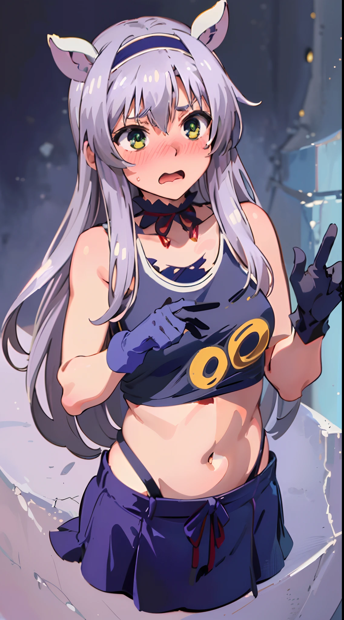 best quality, (masterpiece:1.2), detailed,
Sistine Fibel,
1girl, solo, open mouth, wavy mouth, nose blush, embarrassed, medium breasts,
long hair, grey hair, green eyes, blue hairband, animal ears, navel, gloves, (((cropped tank top, 20 years old))), (ultra-detailed eyes).