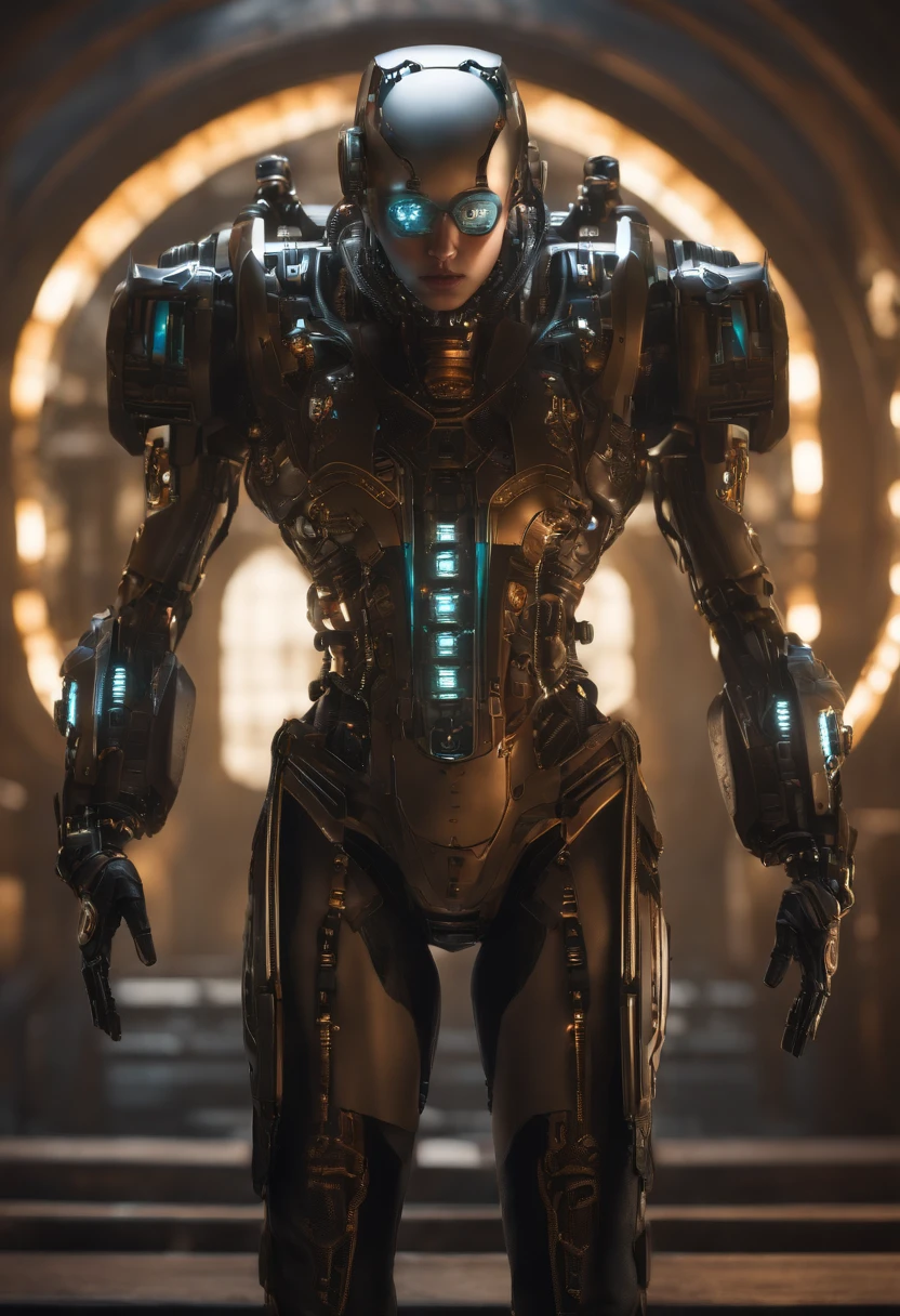 full body cyborg| full-length portrait| detailed face| symmetric| steampunk| cyberpunk| cyborg| intricate detailed| to scale| hyperrealistic| cinematic lighting| digital art| concept art| mdjrny-v4 style