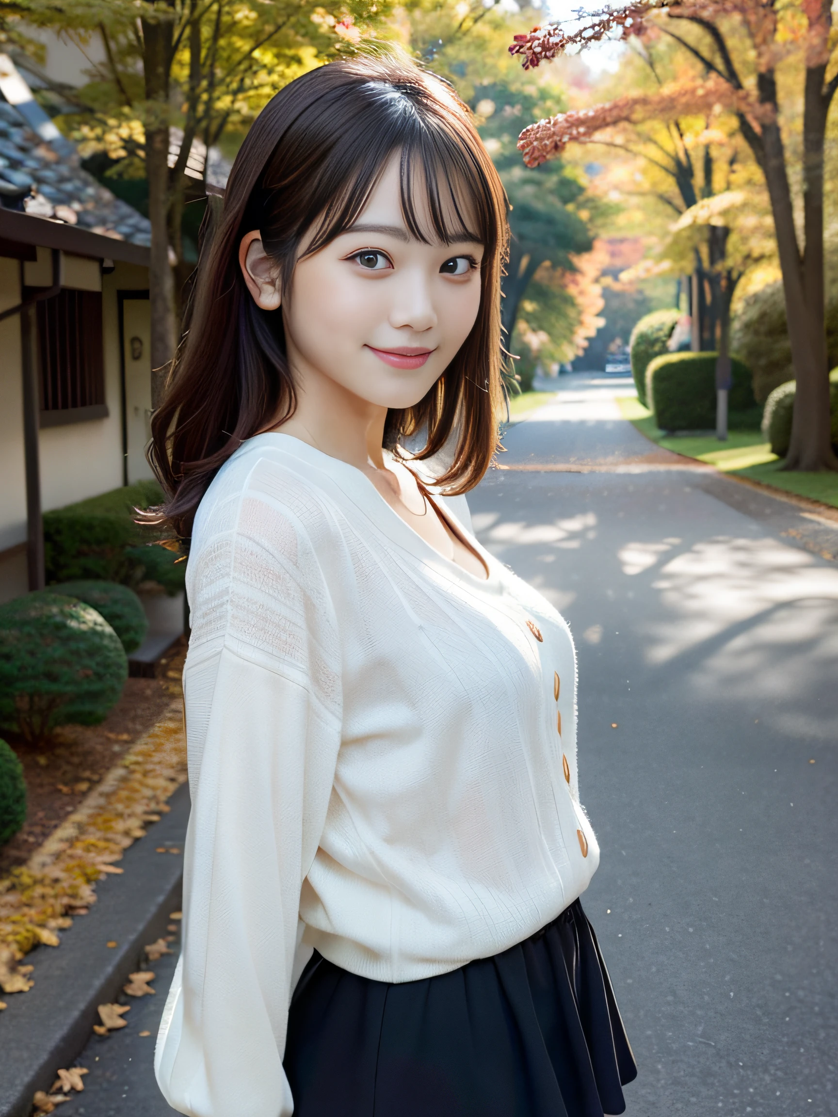 in 8K,Best Quality:1.4, 超A high resolution:1.5, (Photorealistic:1.4),​masterpiece:1.2,(top-quality:1.4)、 Raw photo、Japan girls in casual clothes、looking at the viewers、Pose with a smile、Hi-Res、The ultra-detailliert、natural skin textures:1.3, realistic eyes and face details:1.7、Coffee 、nogizaka, cute  face、30-years old:1.2、Textured skin:1.2, beautiful smiling face 、 (Shy smile:1.2)、Medium chest、beautiful finely detailed eyes、(Casual clothing:1.2)、FULL BODYSHOT、Black pantyhose、Colored leaves、Gravure Pose、a miniskirt:1.2、beauty legs、Beautiful black eyes、is standing、autumnal