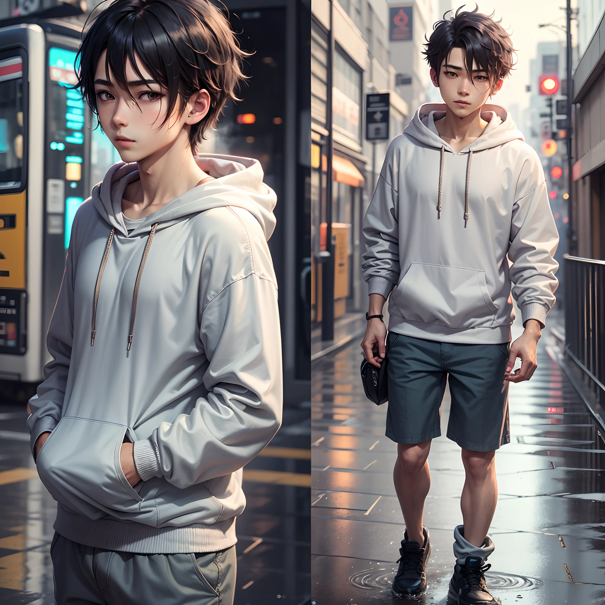 anime boy walking in rainfall, wearing hoodie --auto --s2