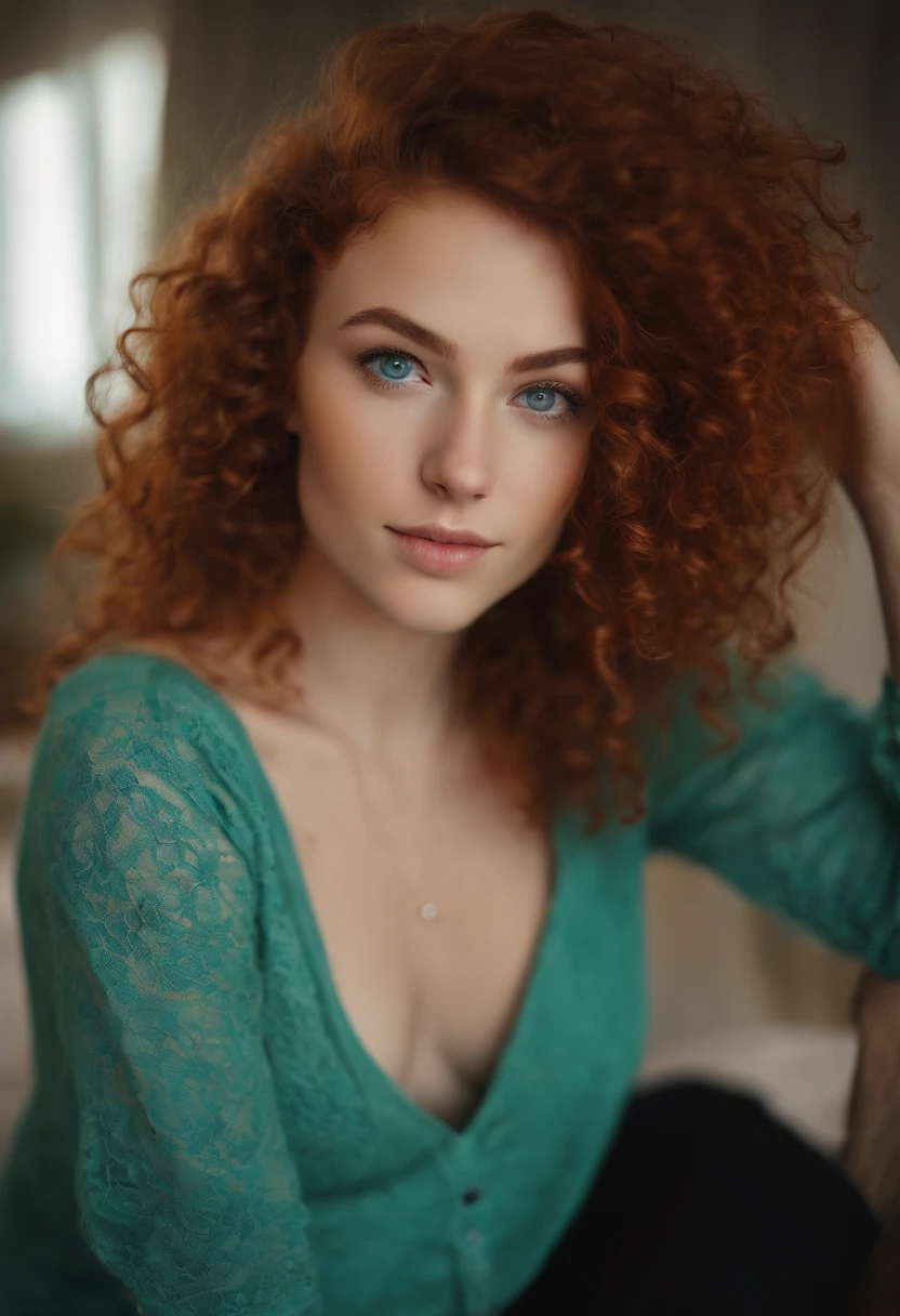 , sexy girl with blue eyes, portrait, red long curly hair and large eyes, selfie of a young woman, bedroom eyes, violet myers, without makeup, natural makeup, looking directly at the camera, face with artgram, subtle makeup, stunning full body shot, piercing green eyes, bodi with artgram, without clothes, without underwear