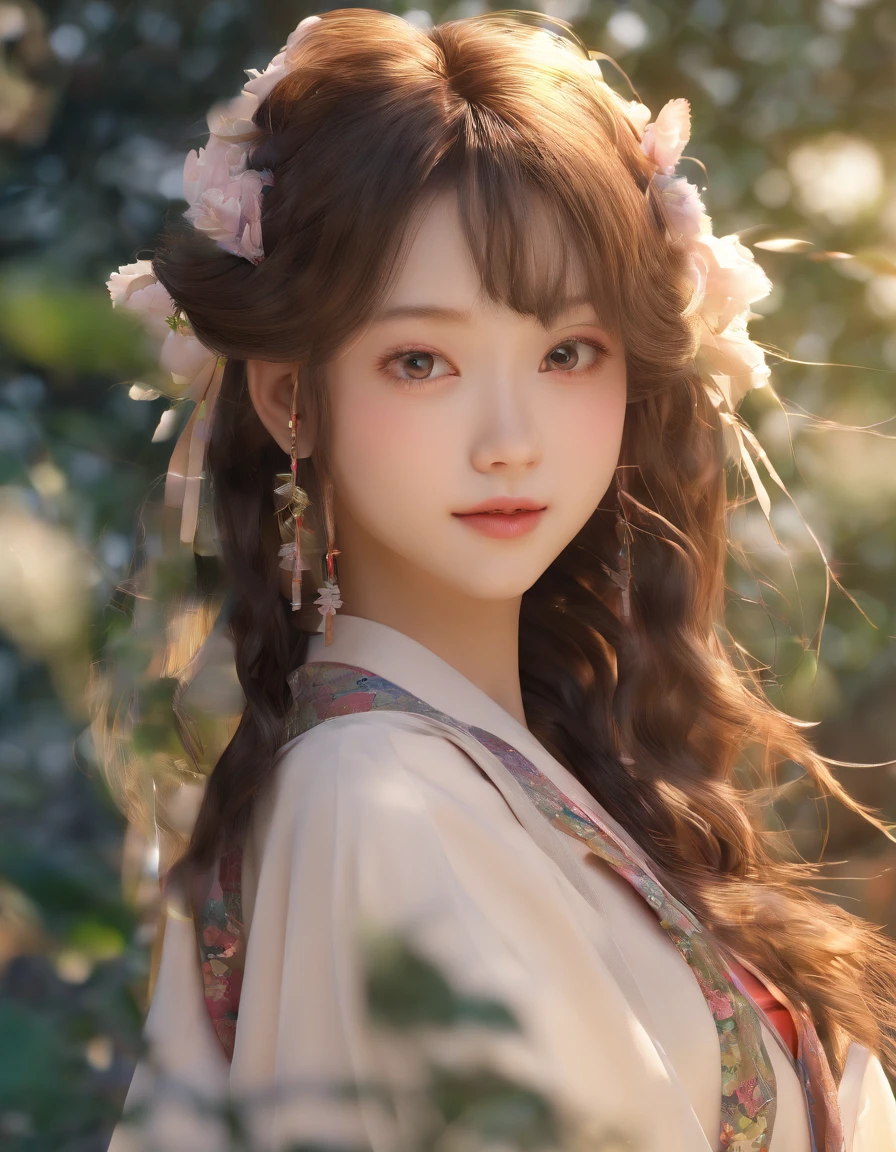 Extremely detailed CG Unity 8k wallpaper, best lighting, super detail, best quality, high resolution, ethnic style girl, soft light, beautiful hair, pink and white hanfu costume, open space, white silk, bright colors, smile, peony flowers as background