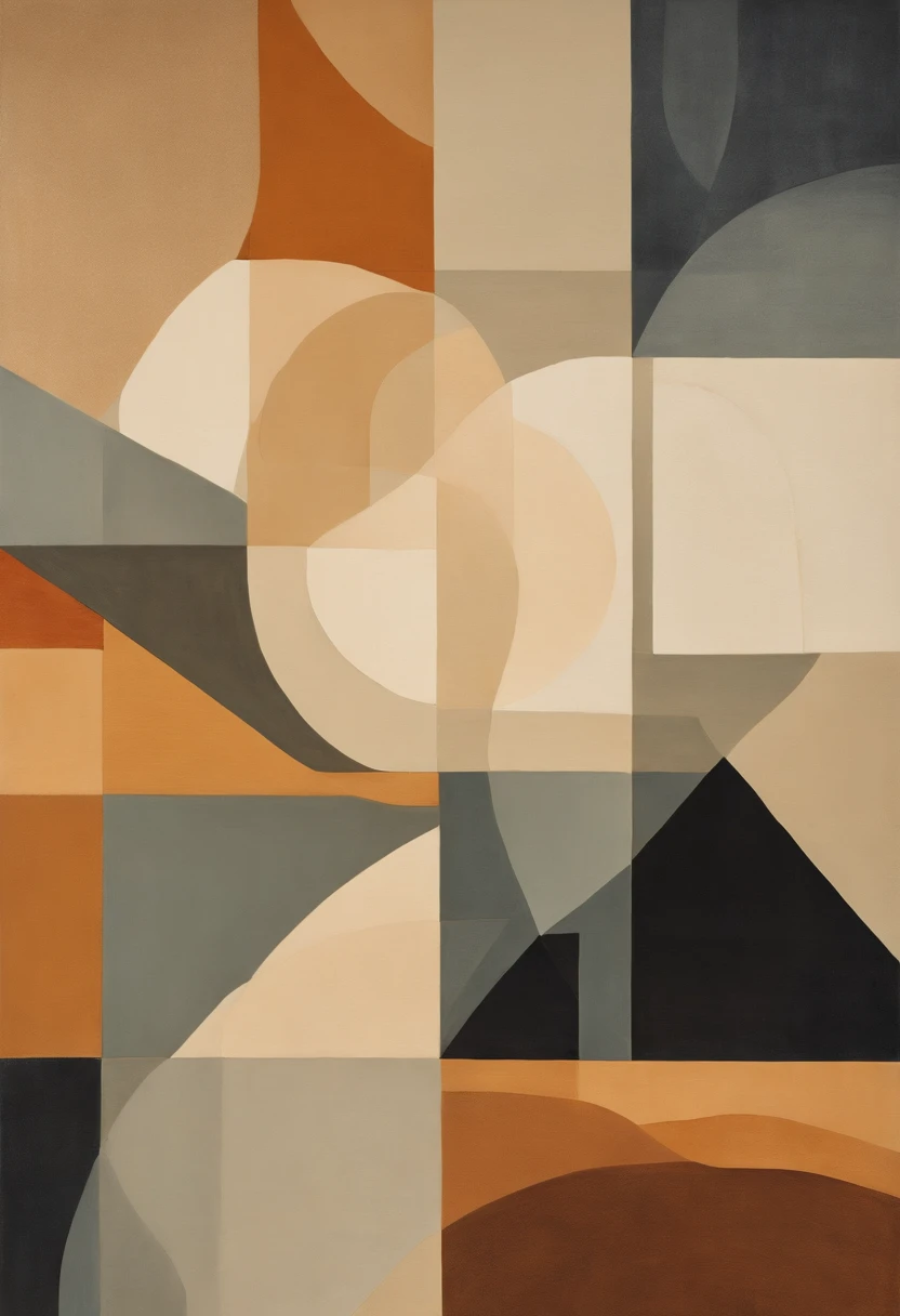 painting of geometric minimalism in the style of organic forms, muted tones, woodblock prints, painterly lines, shibori, warm tones, natural fibers, monumental scale, low detail