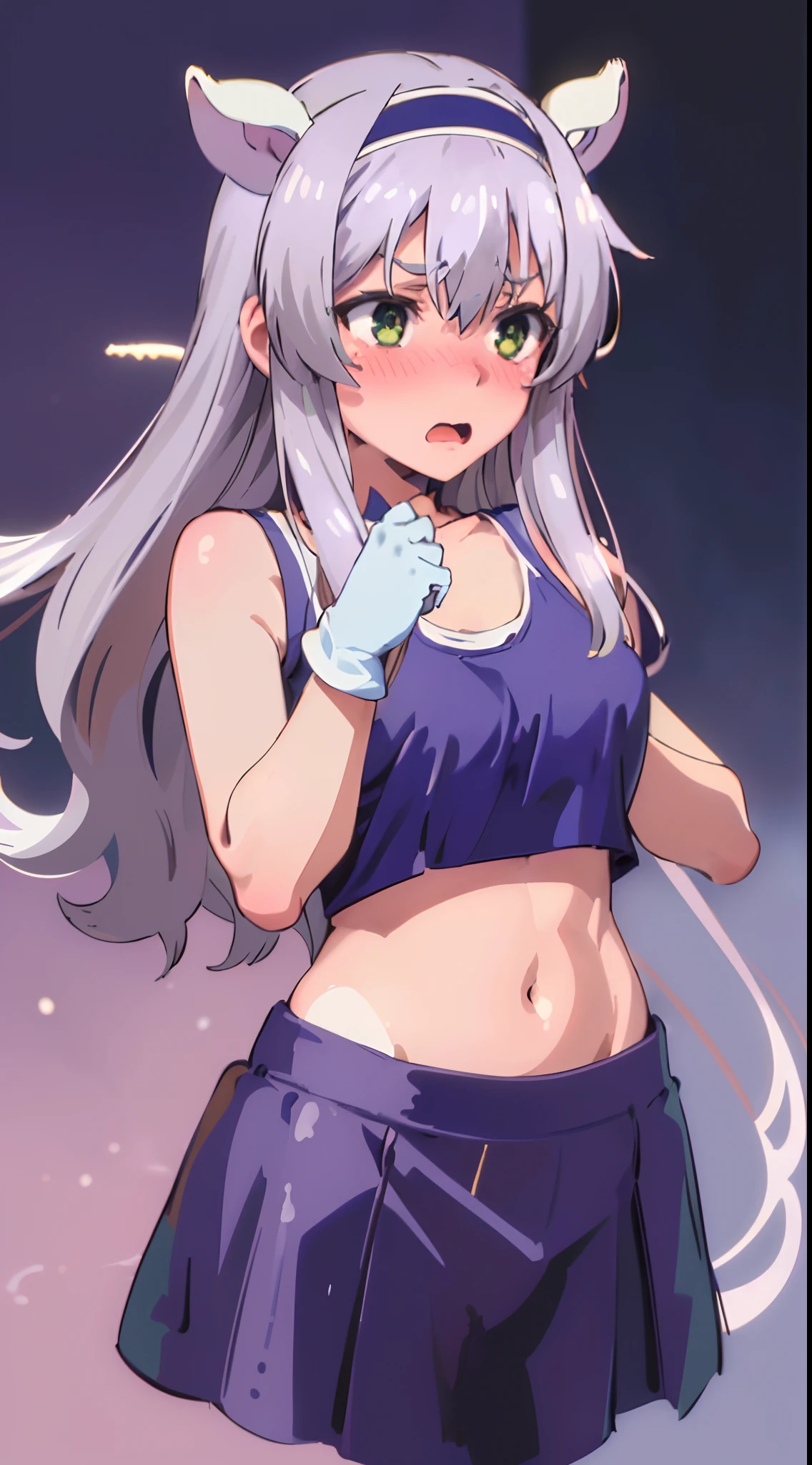 best quality, (masterpiece:1.2), detailed,
Sistine Fibel,
1girl, solo, open mouth, wavy mouth, nose blush, embarrassed, medium breasts,
long hair, grey hair, green eyes, blue hairband, animal ears, navel, gloves, (((cropped tank top, 20 years old))), (ultra-detailed eyes), standing.