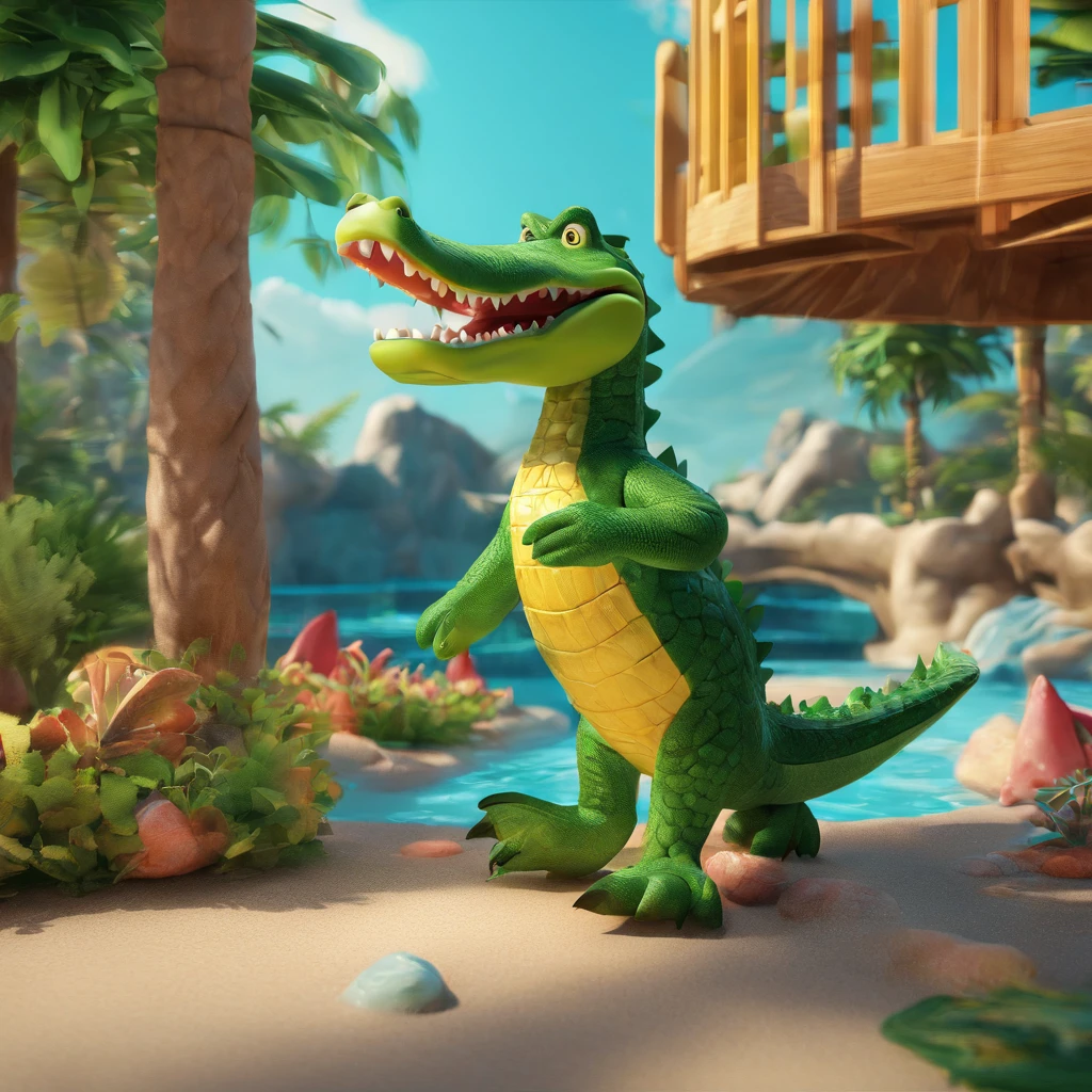 "Generate an image of a water park mascot, which is an alligator crocodile. The alligator should be a pirate character inspired by Disney's Captain Hook, complete with an eyepatch. It should embody the playful and adventurous spirit of a pirate, with details and style reminiscent of the Disney universe. This mascot is the friendly face of the water park, ready to guide visitors on a thrilling aquatic journey."