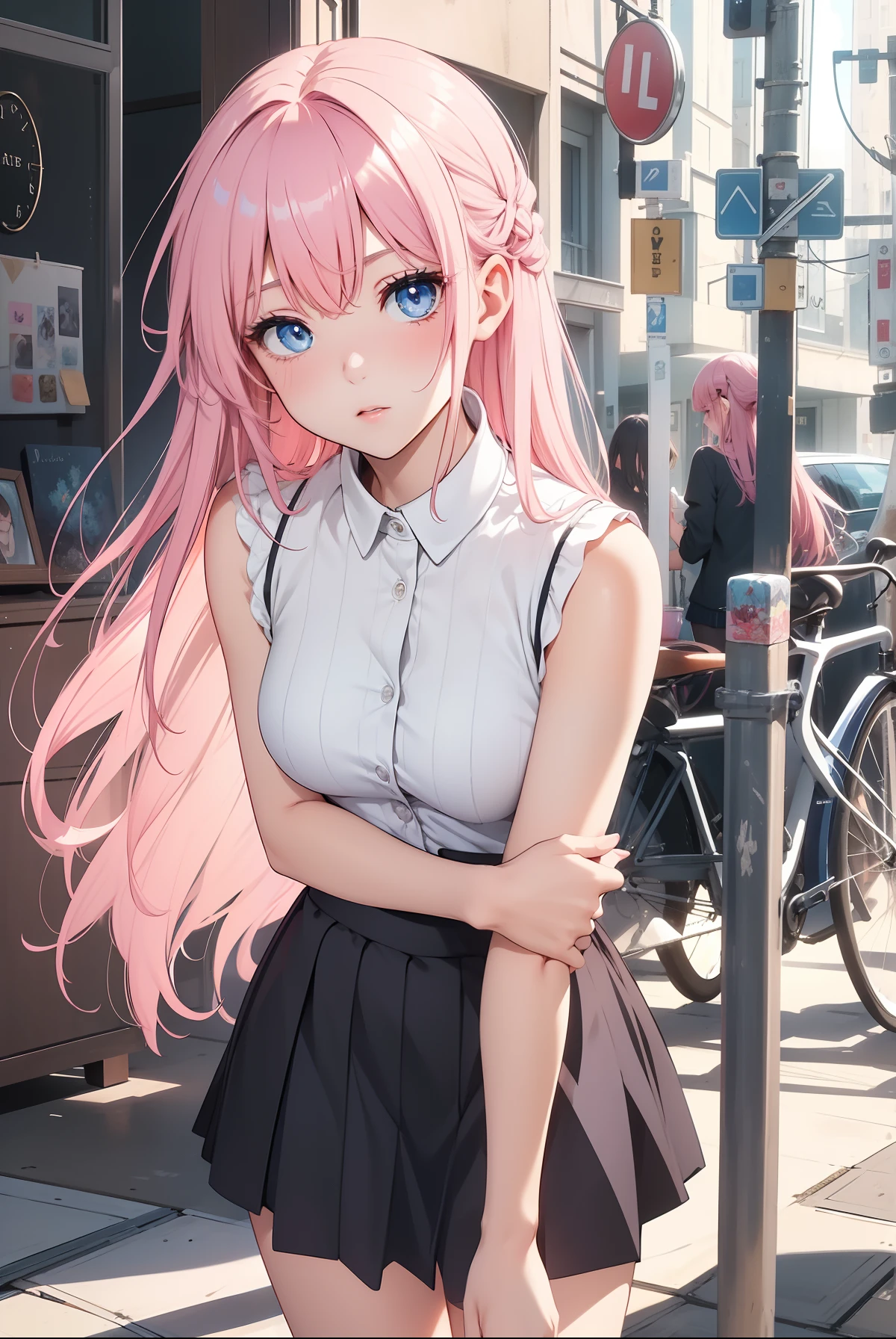 Top quality ultra-detailed CG art、Upper body naked、pupils on：１.２）Pink head、Glossy hair、smooth hair、large blue eyes,Mid summer、Delicate body、cheerful girl、Tying hair、、bob cuts、vertical stripes、Art Room、Painting、student clothes、shortsleeves、a miniskirt、