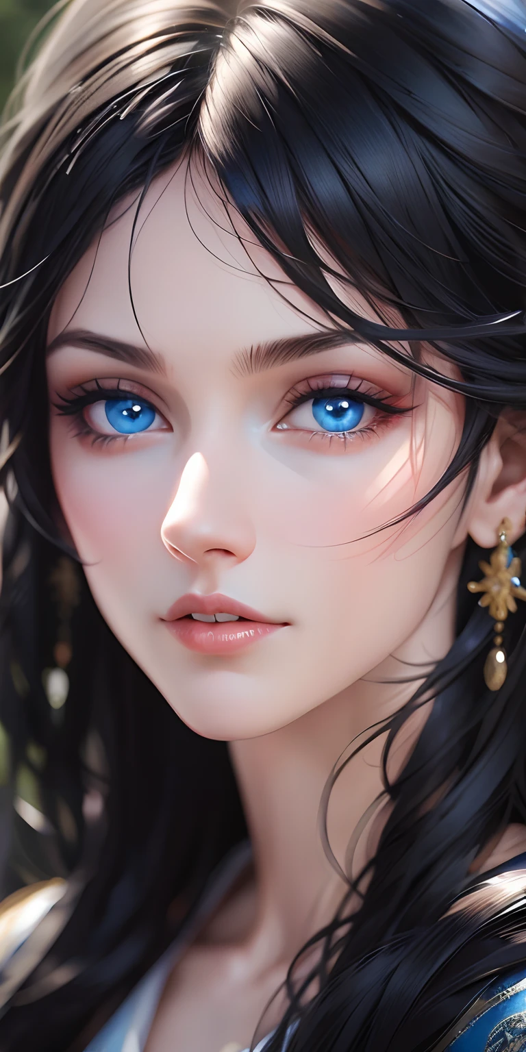 black hair, blue eyes, Hyperrealism, blurry foreground, projected inset, backlighting, 8k, super detail