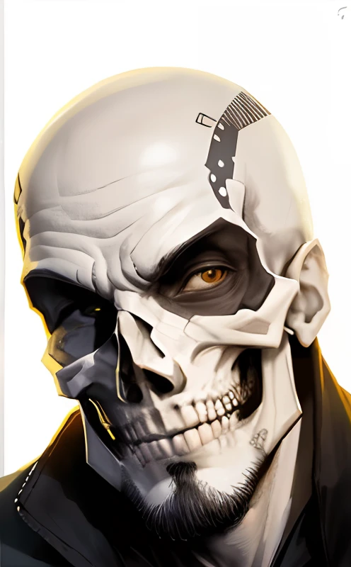 Skeleton Head, chilled out smirk on face,perfect handsome face, bald head, smirking at the camera,winking at the camera, perfectly lit face, handsome face, skull head