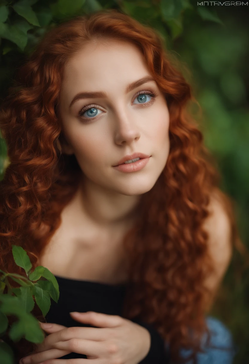 , sexy girl with blue eyes, portrait, large breasts, red long curly hair and large eyes, selfie of a young woman, bedroom eyes, violet myers, without makeup, natural makeup, looking directly at the camera, face with artgram, subtle makeup, stunning full body shot, piercing green eyes, bodi with artgram, without clothes, without underwear, transparent bra and panties