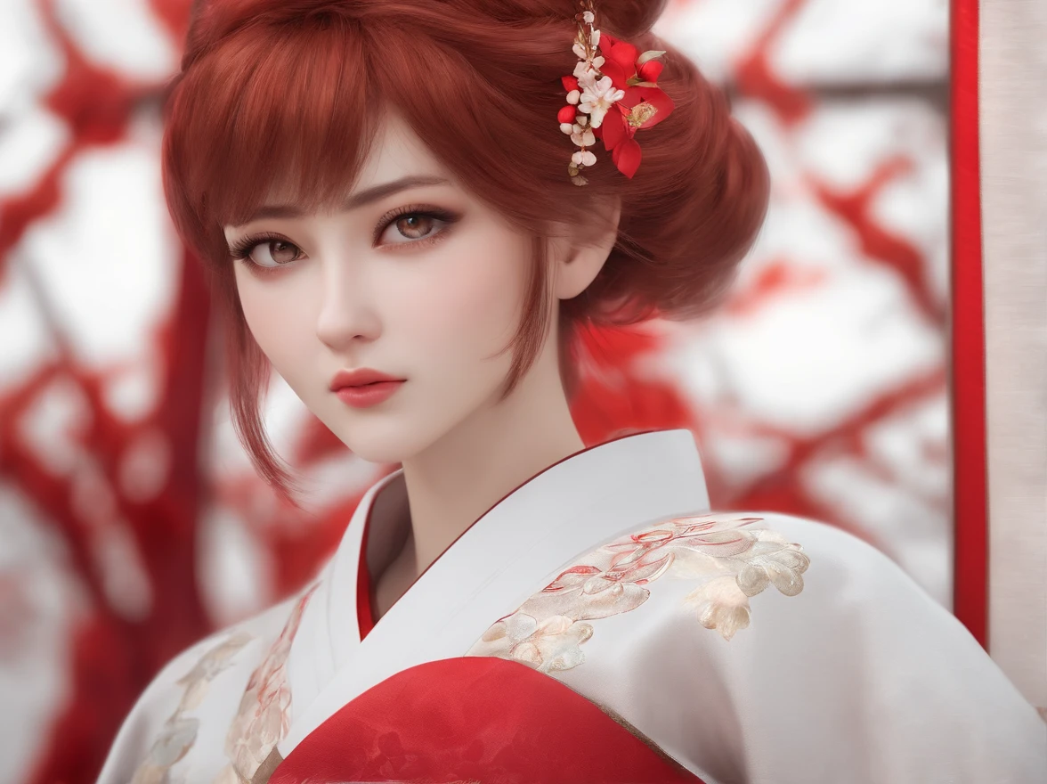 [(white background:1.4)::5],original,(illustration:1.1),(best quality),(masterpiece:1.1),(extremely detailed CG unity 8k wallpaper:1.1), (colorful:0.9),(mid shot:0.95),(highly detailed beautiful face and eyes),(solo:1.2), (girl),(((adult))), (detailed beautiful eyes:1.15), (beautiful face:1.15), (glowing red eyes:1.25////),(((red short hair))),(+perfect hand+:1.21),(Draw an illustration of a japanese fantasy girl),(Religious),(slender),((red and white kimono)),furious,(adult),