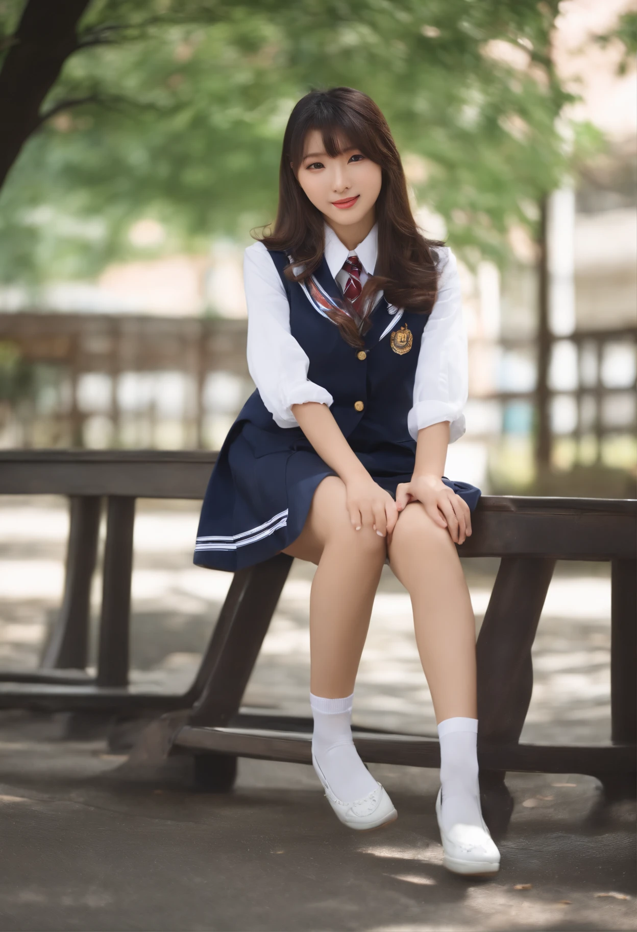 (8K), (highest quality: 1.2), (realistic), (realistic: 1.37), ultra high resolution, (1 girl、17 years old), cute, smile, closed mouth, beautiful details, beautiful nose, wet hair, giant dulcefo, pork, thighs，Self snap,High school Student Uniform,(A simple navy blue blazer),pleated skirt,(The skirt and tie are gray tartan check pattern....:1.3),(sitting:1), sit on the ground,(hug your feet:1),white pantyhose,from the front,knees、loafers、Low - Angle、From the front view、Checkered Pleated Skirt、Ponytail 1.2、Knee-high socks、barefoot、((Between the legs、Panties that fit the female genitals、White panties、膝を上げて、お尻を床に付けて座る))