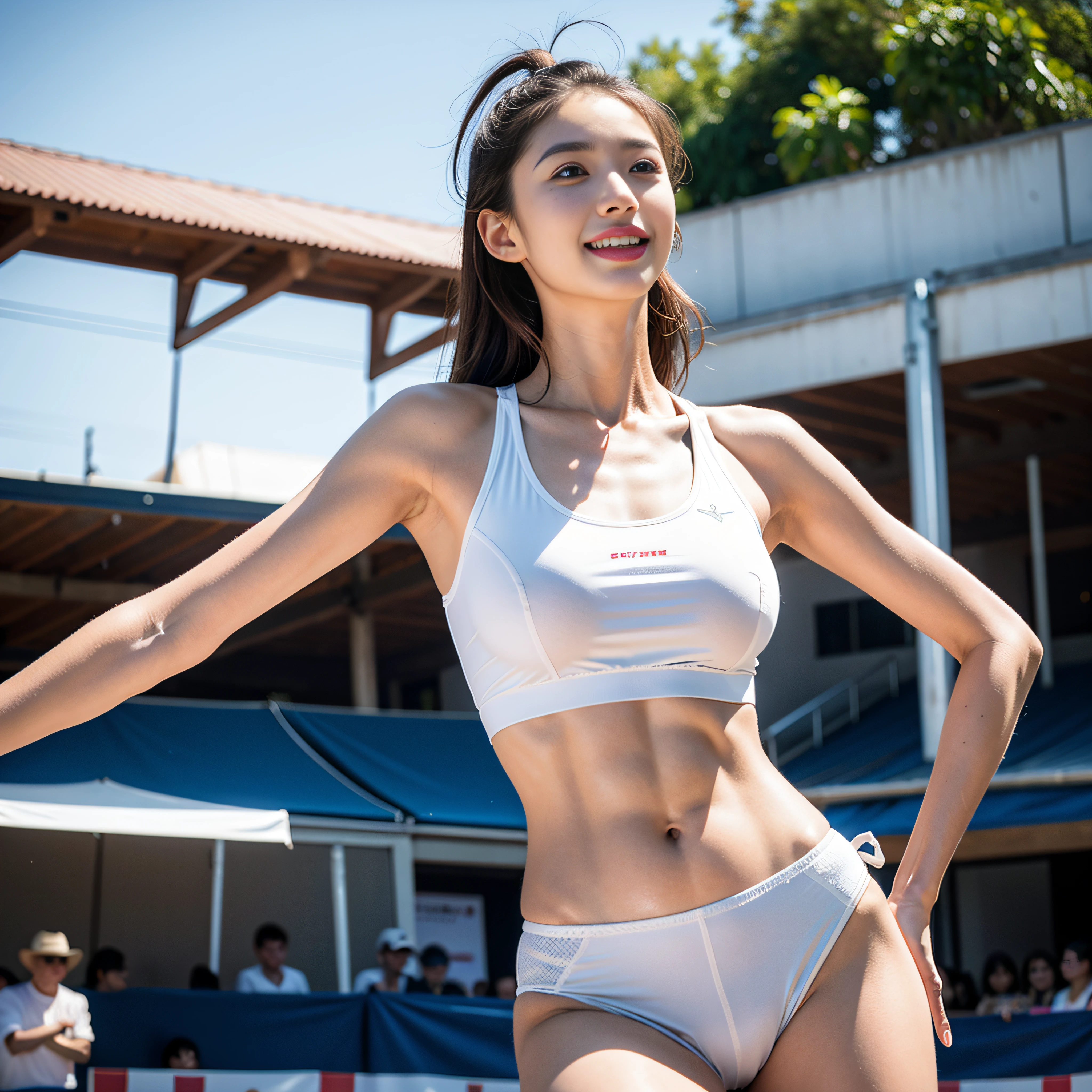 zydG, ((Cowboy Shot)),((From below)), 1girl in, Front view, to stand, Look at viewers, Exposed skin, (From below),Brown-eyed, (very short brown hair:1.2), (Light hair), (medium breasts:1.4), smile with white teeth, (Photorealsitic:1.4), (Top image quality:1.0), (超A high resolution:1.0), 8K, Raw photography, (​masterpiece:0.2), track and field uniform, Show abs, (Sweat, Wetty:1.1), portlate, facefocus, fullllbody,(pureerosface_v1:0.5), plein air, track and field,