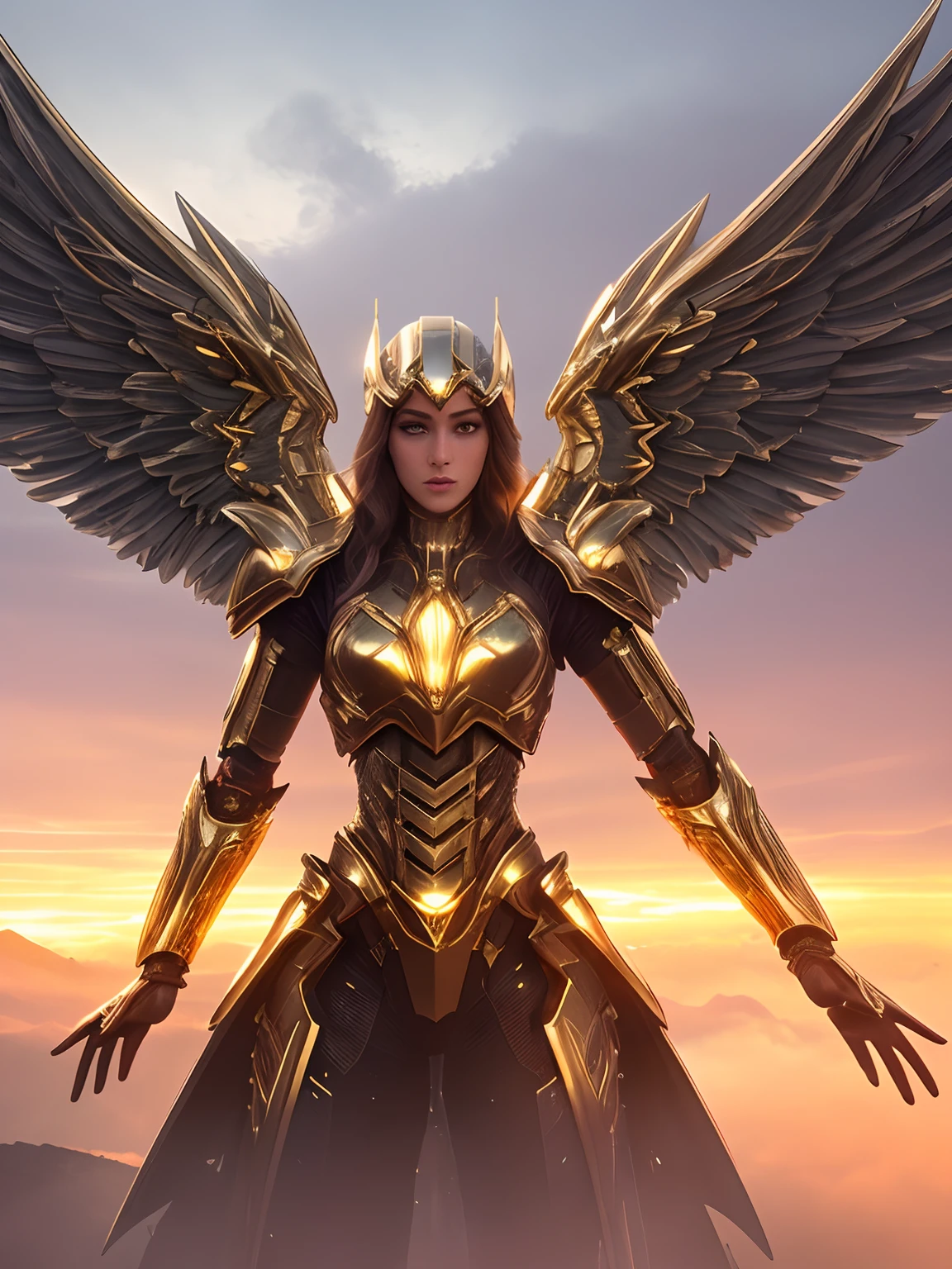 (best quality,4k,8k,highres,masterpiece:1.2),ultra-detailed,realistic,photorealistic:1.37,(portraits,concept artists),golden,majestic,robotic angel,the angel's detailed facial features,wings spread wide,shining golden armor,glowing eyes and lips,mechanical components integrated with organic forms,an ethereal halo,standing atop a mountaintop,with a breathtaking sunset color palette,majestic rays of light shining through the clouds,creating a heavenly atmosphere