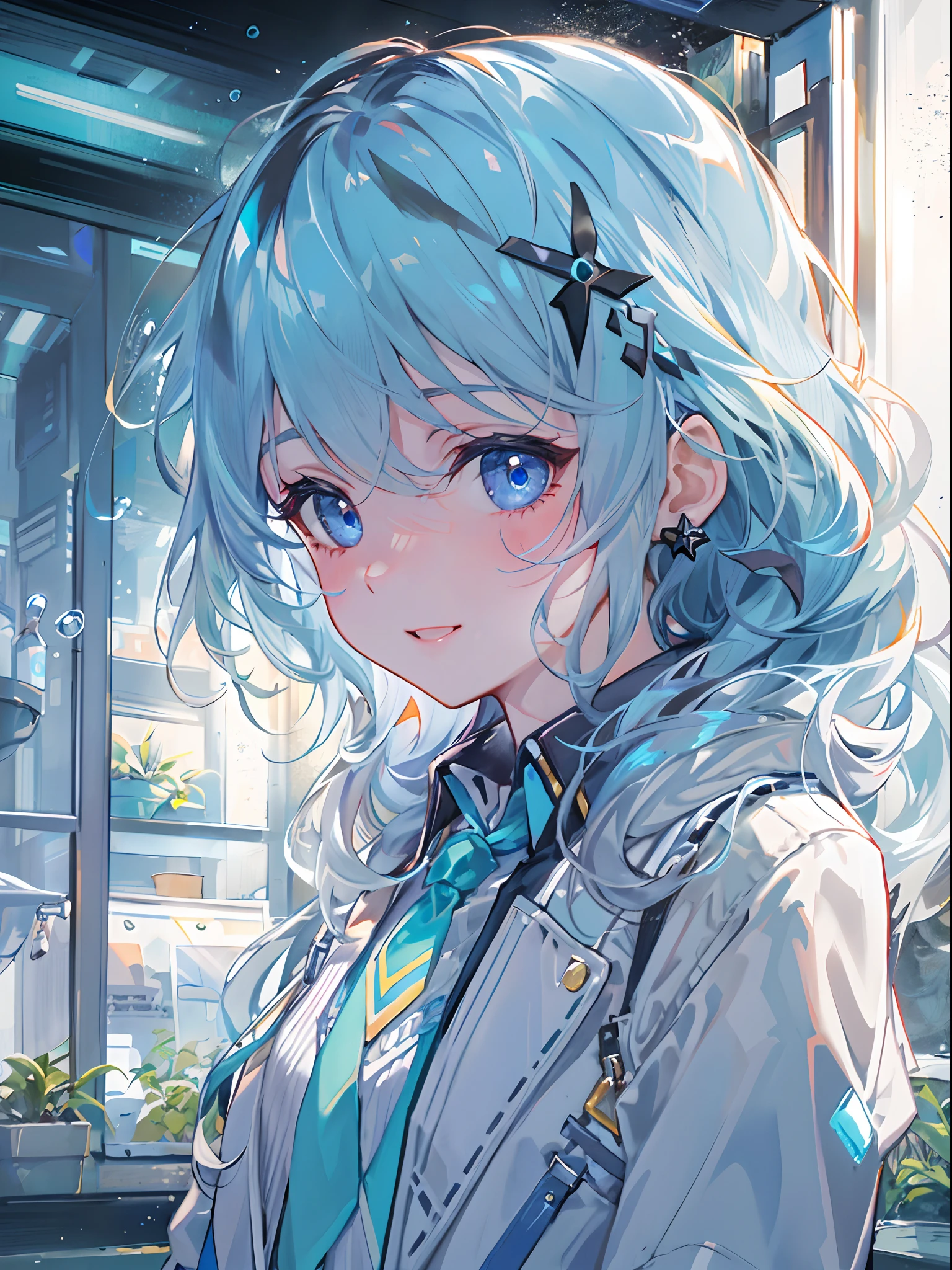 ((top-quality)), ((masterpiece)), ((ultra-detailliert)), (Extremely delicate and beautiful), girl with, 独奏, cold attitude,((Black jacket)),She is very(relax)with the(Settled down)Looks,A dark-haired, depth of fields,Evil smile,Bubble, under the water, Air bubble,bright light blue eyes,inner color with bright gray hair and light blue tips,,,,,,,,,,,,,Cold background,Bob Hair - Linear Art, shortpants、knee high socks、White uniform like school uniform、Light blue ribbon ties、Clothes are sheer、Hands in pockets、Bright eyes like sapphire,Fronllesse Blue, A small blue light was floating、Upper Eyes、glass shards、Snowflake Hair Ornament