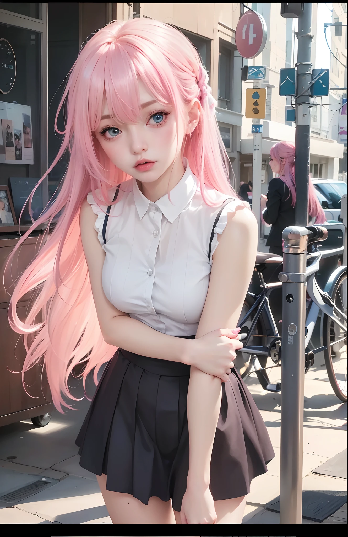 best quality, ultra high res, (photorealistic:1.4), 8k resolution, girl, (pink hair:1.3) , realistic blue eyes, (realistic hair:1.2), (Korean girl:1.2), (realistic eyes:1.2), (beauty face:1.3), perfect body, white pale skin, small breast, cleavage, , (eyes looked up:1.3), petite , Sports bikini, flat chest