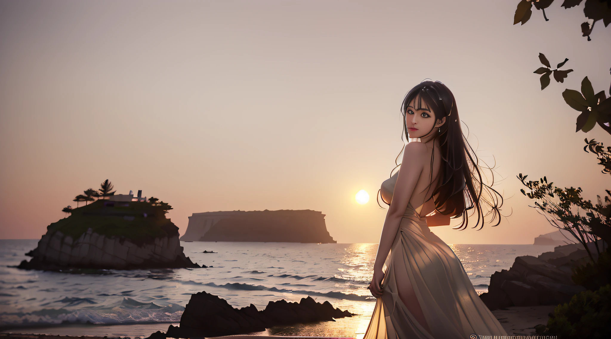 Goddess of Calypso, Stand on a cliff by the sea at sunset. The focus of the scene is on the central character, Inana, Who exudes beauty and elegance. Her delicate eyes sparkled, Reflecting the fading glow of the setting sun. All of hers, Sweet lips are sensually depicted, Capture her charming charm. Inana's face is very detailed, Accurately display every curve and contour. Calypso stood gracefully and confidently, Her flowing skirt fluttered in the gentle sea breeze. Her long, Flowing hair ran down her back, Increase the sense of movement and vibrancy in the scene. The view is surrounded by majestic cliffs and raging waves, Further emphasize the drama of the scene. The rugged texture of the cliffs is cleverly captured, Give them a sense of solidity and strength. As the sun sets, Its warm golden glow embraces Calypso, A soft and ethereal glow is created around her. The colors in the scene are vivid and rich, Warm colors dominated by orange, gold, and pink. The lighting is cleverly done, Cast subtle shadows,Intricate details that highlight the characteristics of Calypso. Overall image quality is the highest, Ultra-detailed rendering,Bring every element to life. It is a masterpiece that exudes realism and photorealism, Let the viewer immerse themselves in its beauty. The painting style of the scene is reminiscent of classical mythological portraits, With a touch of modernity. This tip is designed to capture the essence of Calypso, goddess of love, In a breathtaking and awesome way. Her charming presence is combined, Stunning seaside cliffs, The magical sunset creates a truly captivating scene. The audience is transported to a world of beauty and weaving, Evokes a feeling of wonder and reverence.