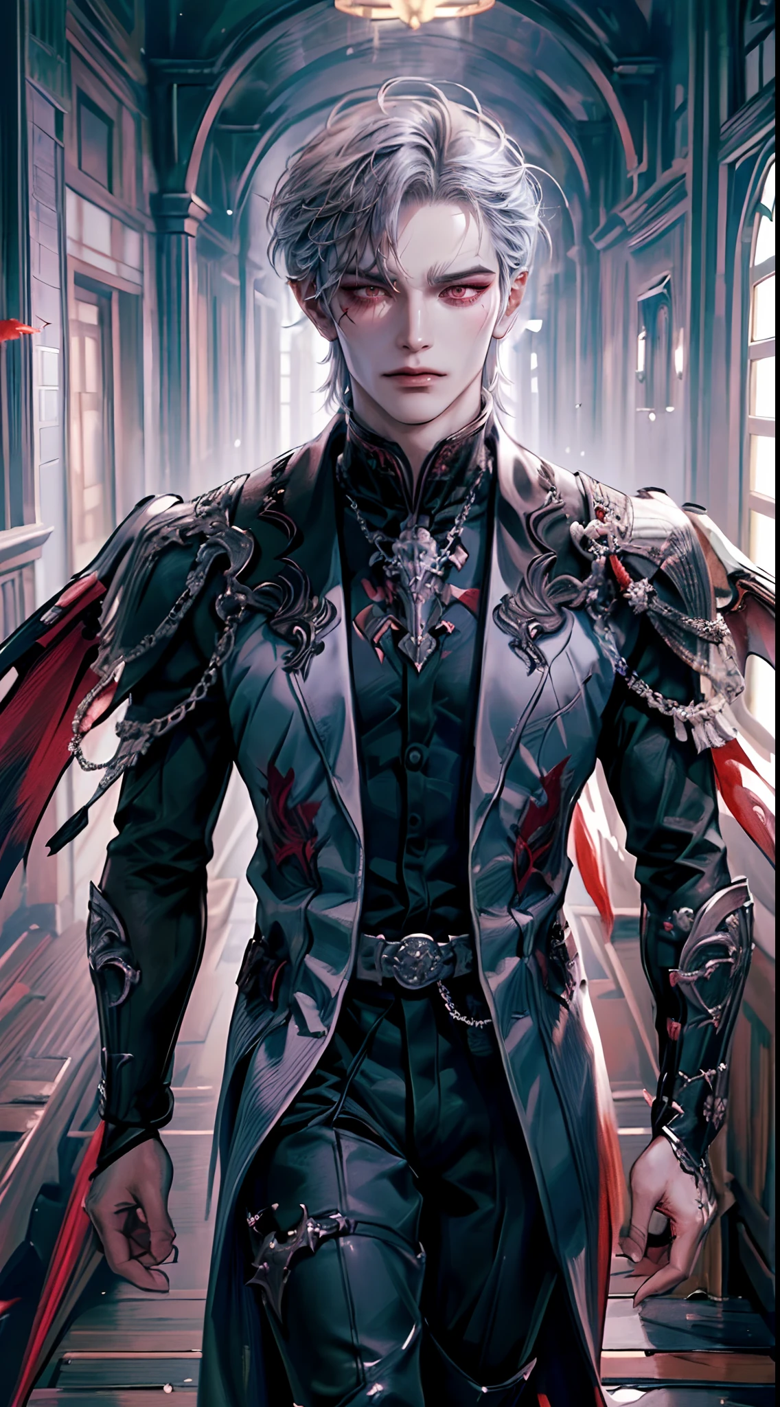 ((4K works))、​masterpiece、（top-quality)、((high-level image quality))、((One beautiful man))、((Evil King))、Slim body、((Vampire Black Y-Shirt Fashion))、(Detailed beautiful eyes)、((Fantastic English corridor))、English corridor at midnight、((Face similar to Chaewon in Ruseraphim))、((Fallen Angel Longhair))、(((bright silver hair)))、((Smaller face))、((Neutral face))、((Evil face))、((Red Eyes))、((Korean Male))、((50 years old))、((wild boy))、((Evil look))、((angry expressions))、((glareing))、((Korean makeup with black eyeshadow))、((elongated and sharp eyes))、((Shot alone))、Villain、Dark Proof、((Shot from diagonally below))、((He is walking in front of the viewer))、((He is walking down the hall))